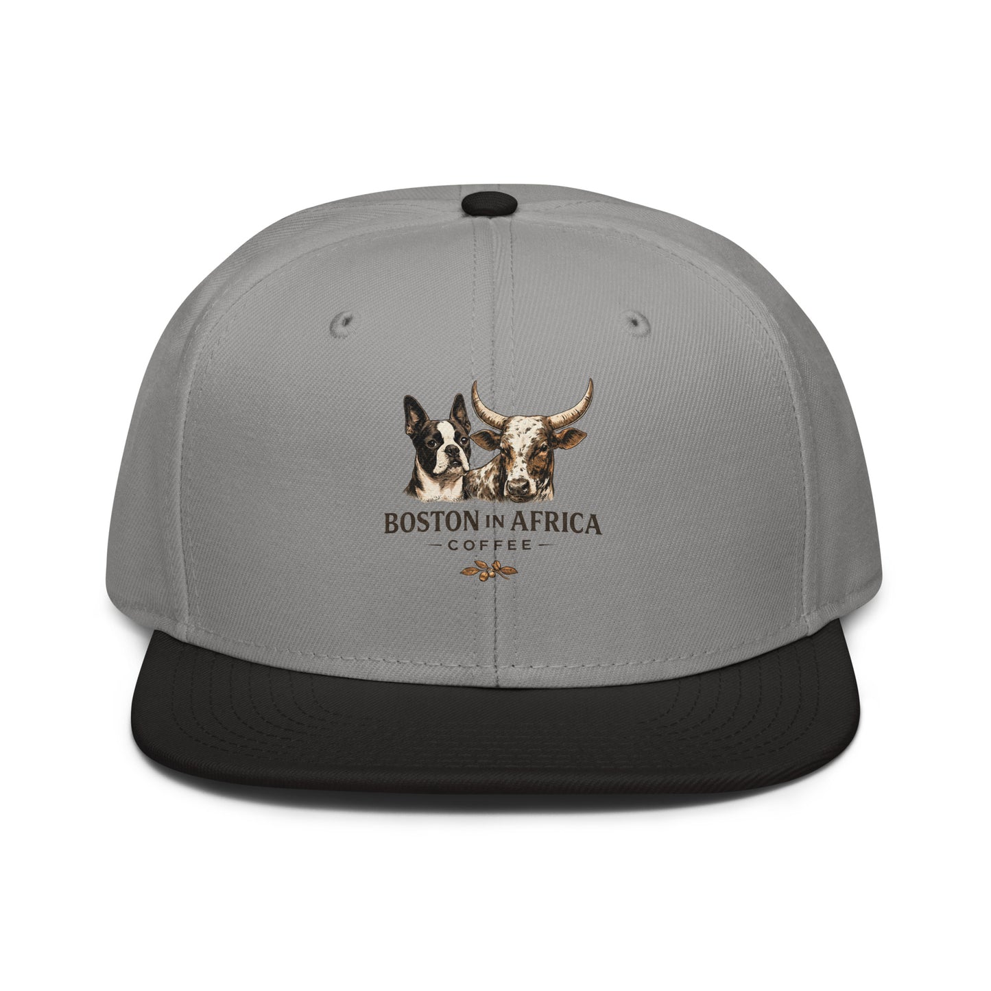 Black and gray embroidered snapback hat featuring Boston in Africa Coffee branding with a structured front panel.