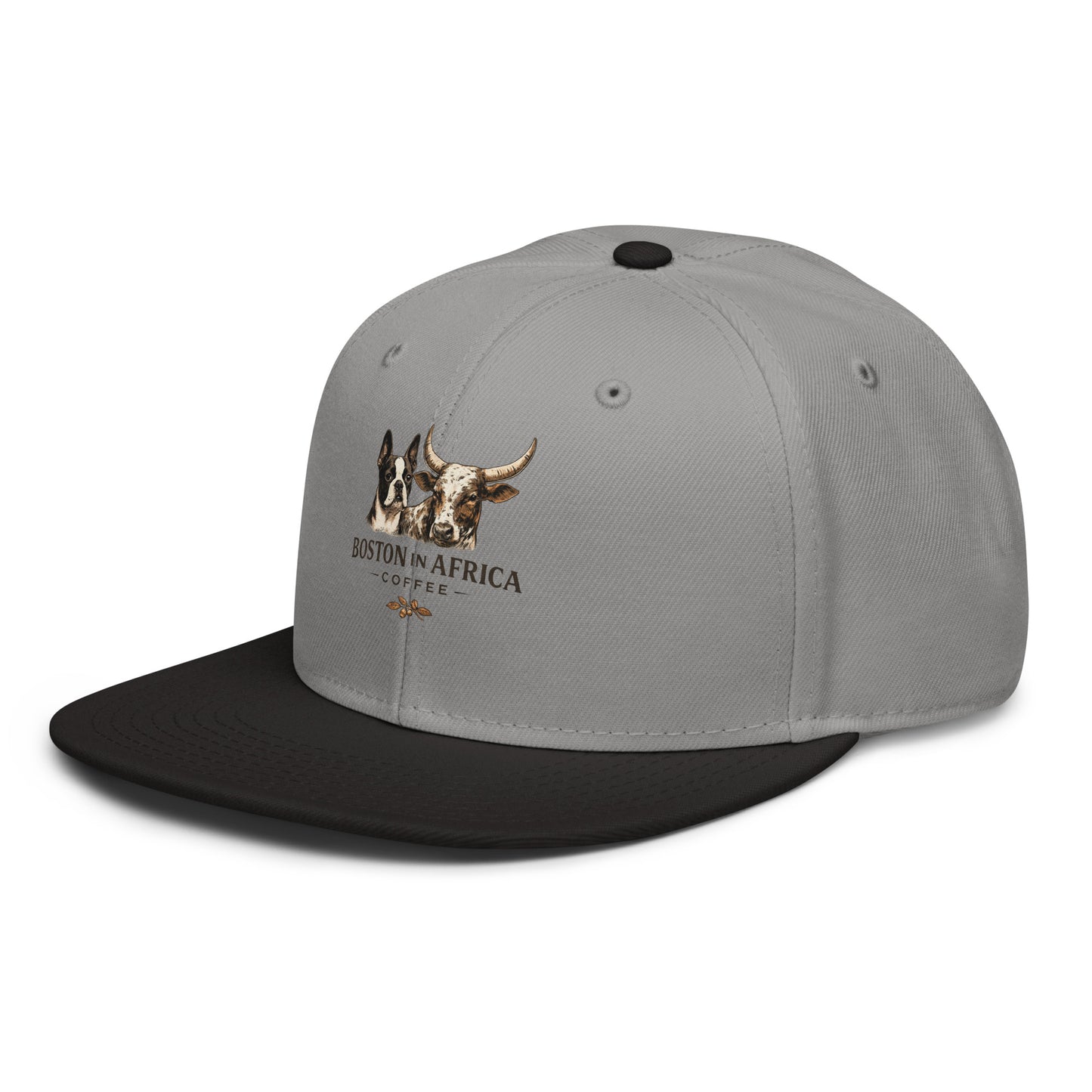 Black and gray embroidered snapback hat by Boston in Africa Coffee, with a front left design and adjustable brim.