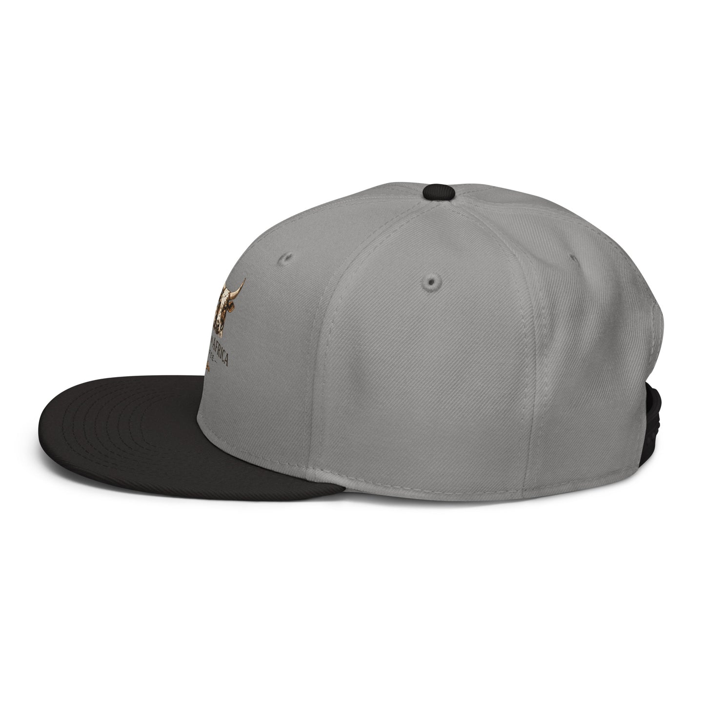 Black and gray embroidered snapback hat by Boston in Africa Coffee, shown from the left side.