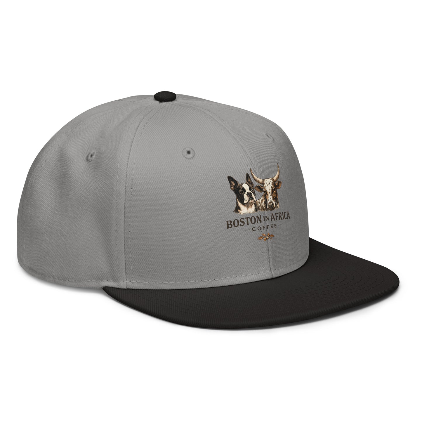 Black and gray embroidered snapback hat by Boston in Africa Coffee, shown from right front angle.