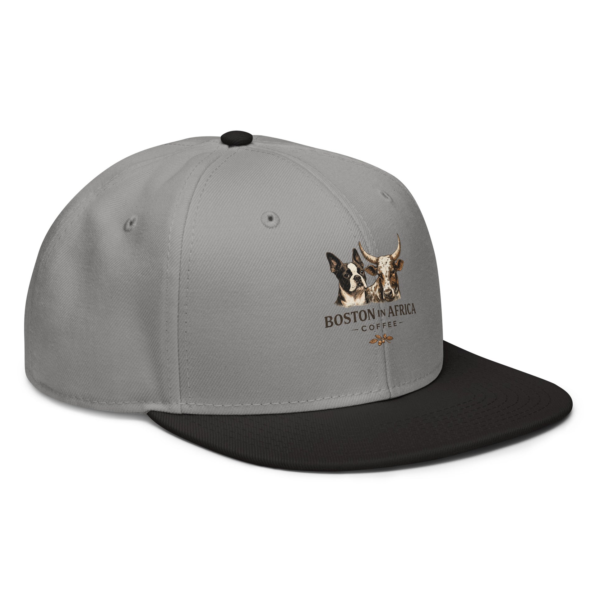 Black and gray embroidered snapback hat by Boston in Africa Coffee, shown from right front angle.