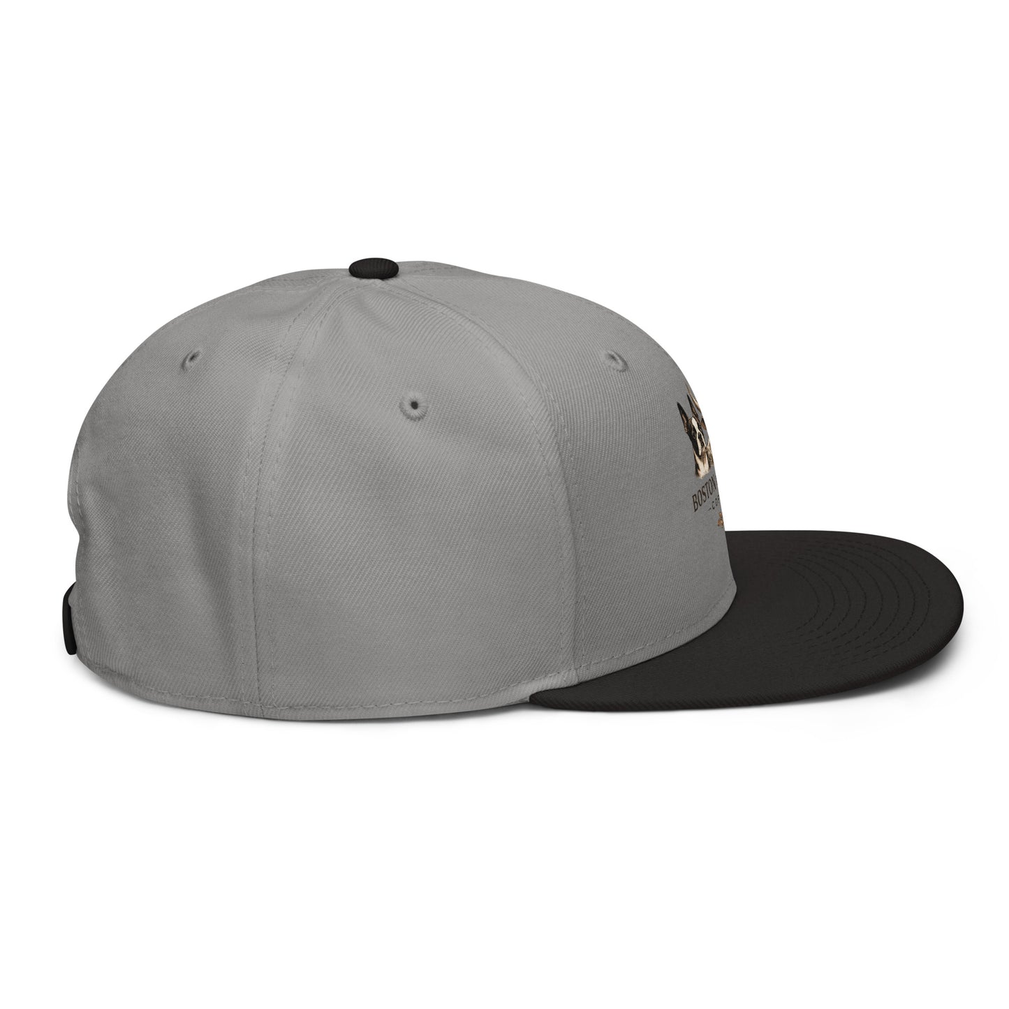 Black and gray embroidered snapback hat by Boston in Africa Coffee, showing the right side detail.