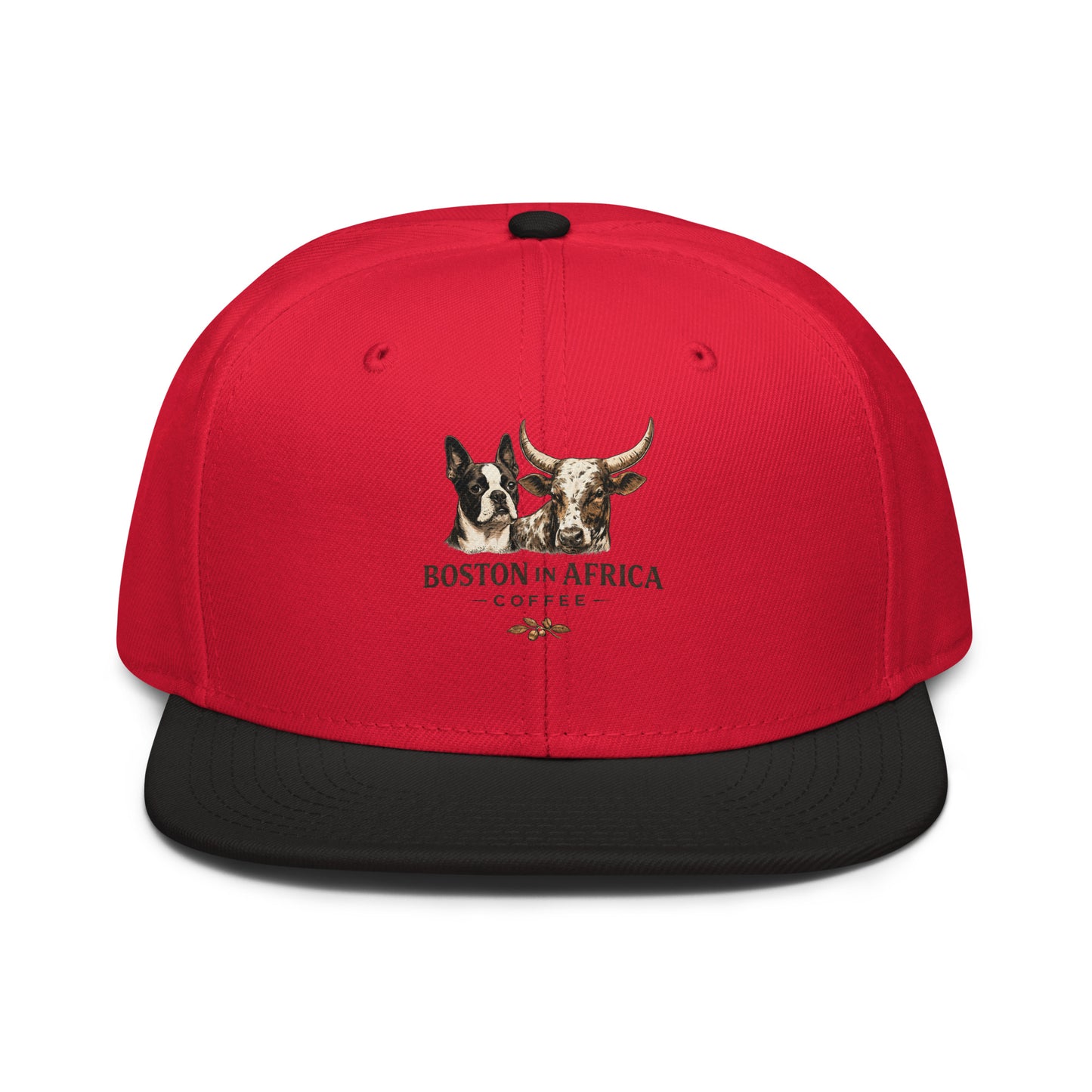 Black and red embroidered snapback hat by Boston in Africa Coffee with front embroidery design.