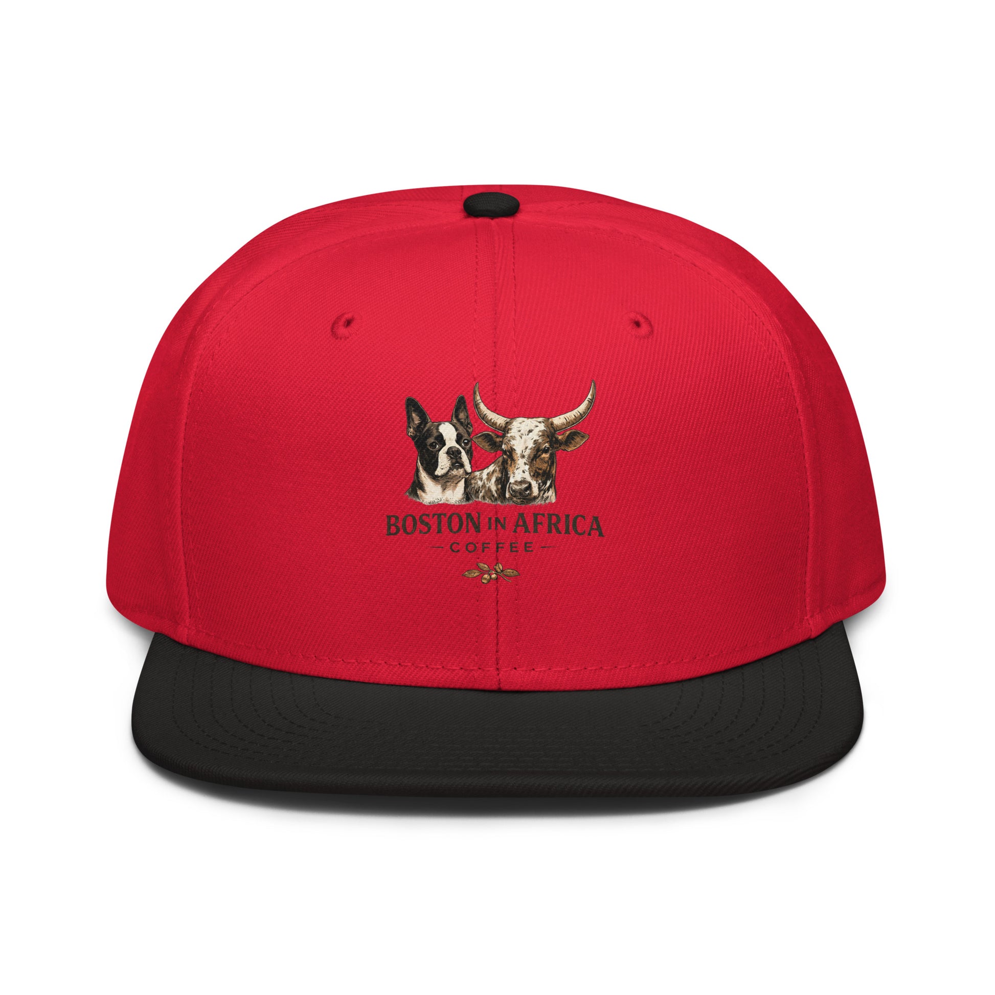 Black and red embroidered snapback hat by Boston in Africa Coffee with front embroidery design.