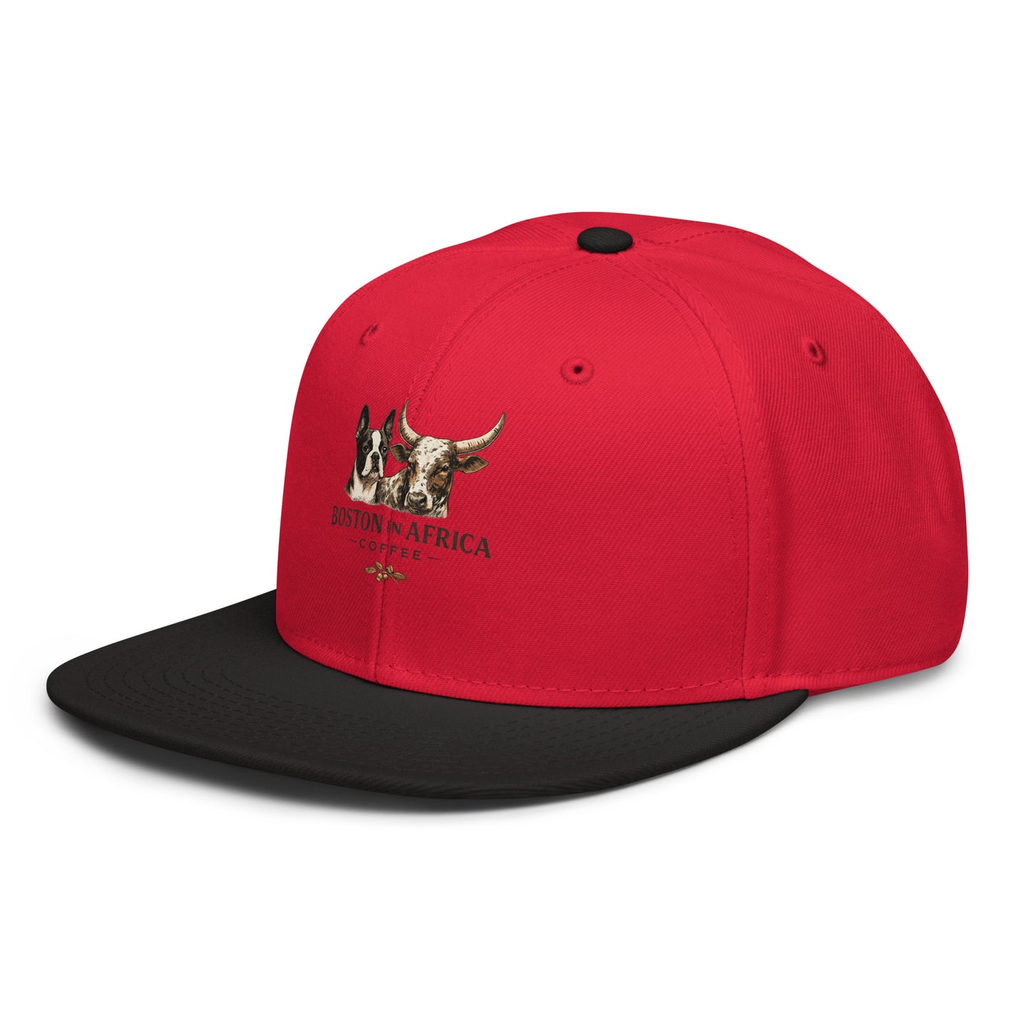 Black and red embroidered Boston in Africa Coffee snapback hat with front logo and adjustable strap.