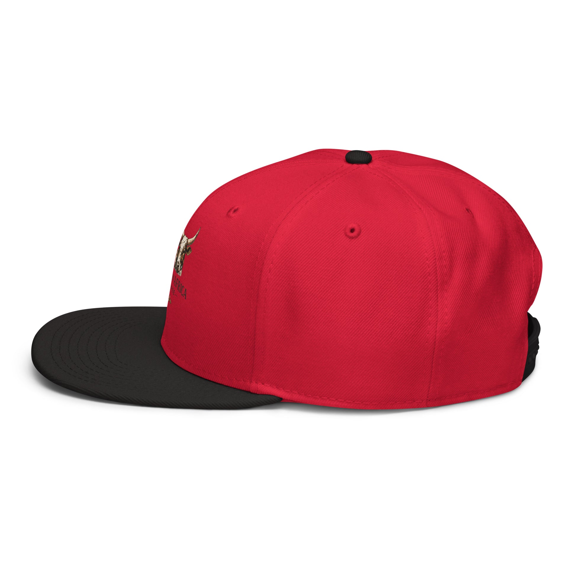 Black and red Boston in Africa Coffee embroidered snapback hat viewed from the left side.