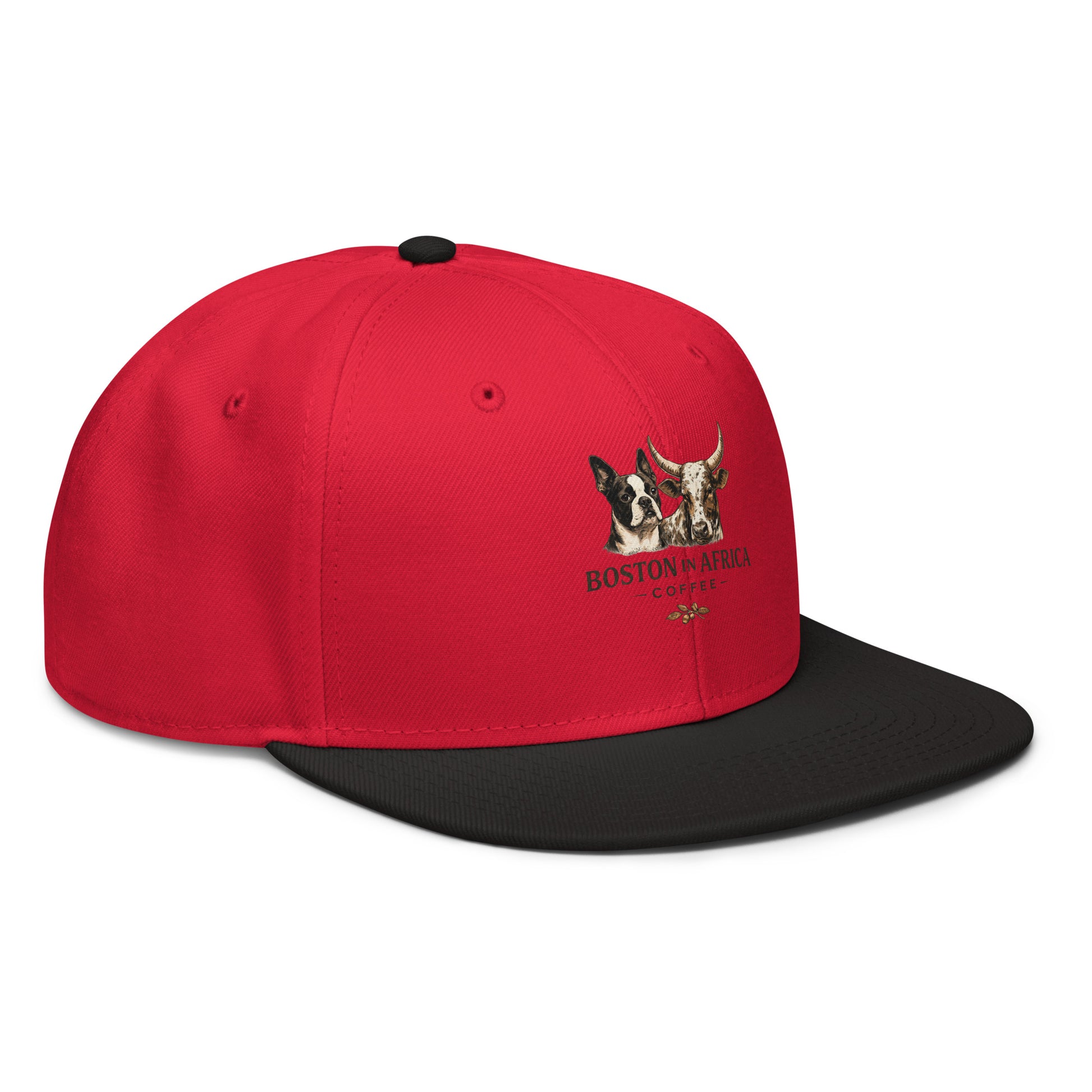 Black and red embroidered snapback hat by Boston in Africa Coffee, showing the front and right side details.