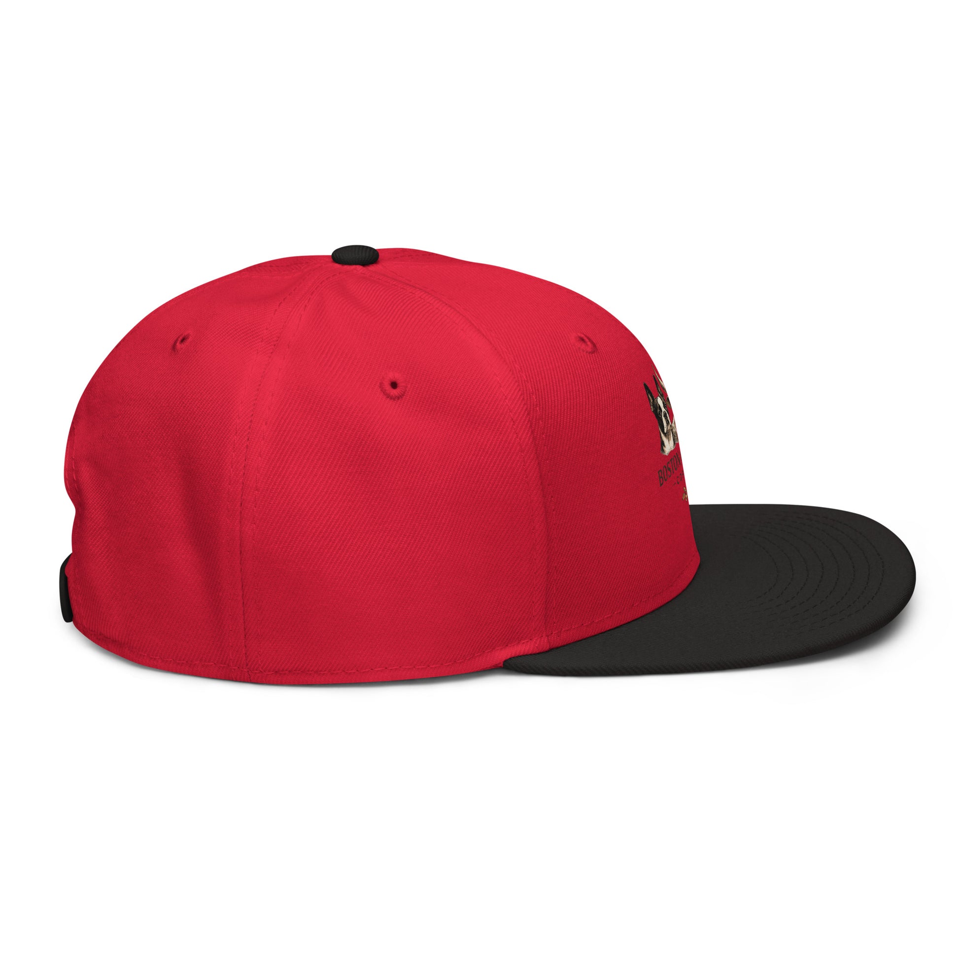 Black and red Boston in Africa Coffee embroidered snapback hat shown from the right side.
