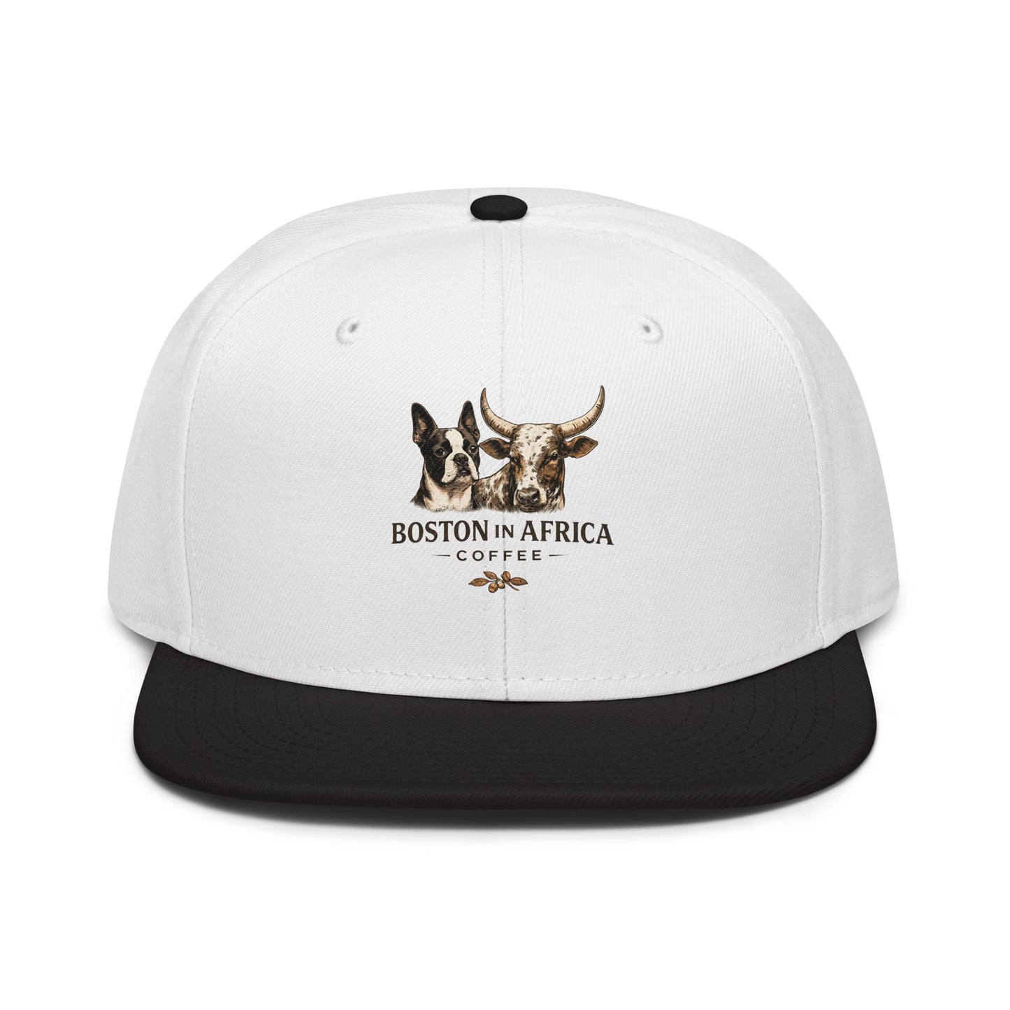 Black and white Boston in Africa Coffee embroidered snapback hat with front design and adjustable strap.