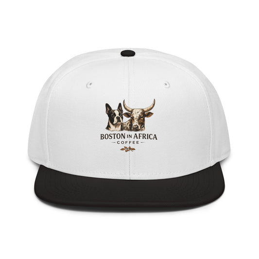 Black and white Boston in Africa Coffee embroidered snapback hat with front design and adjustable strap.