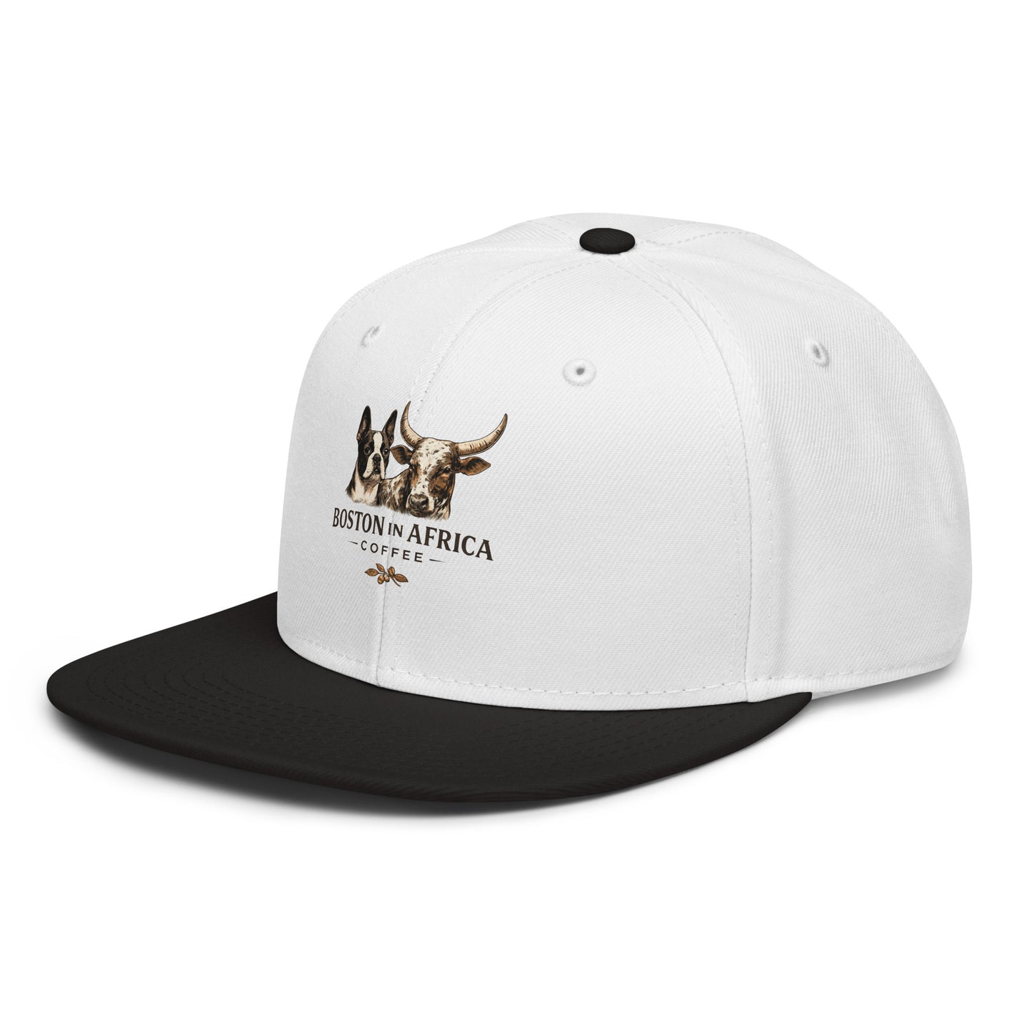 Black and white snapback hat with embroidered Boston in Africa Coffee logo, featuring a flat brim and front design.