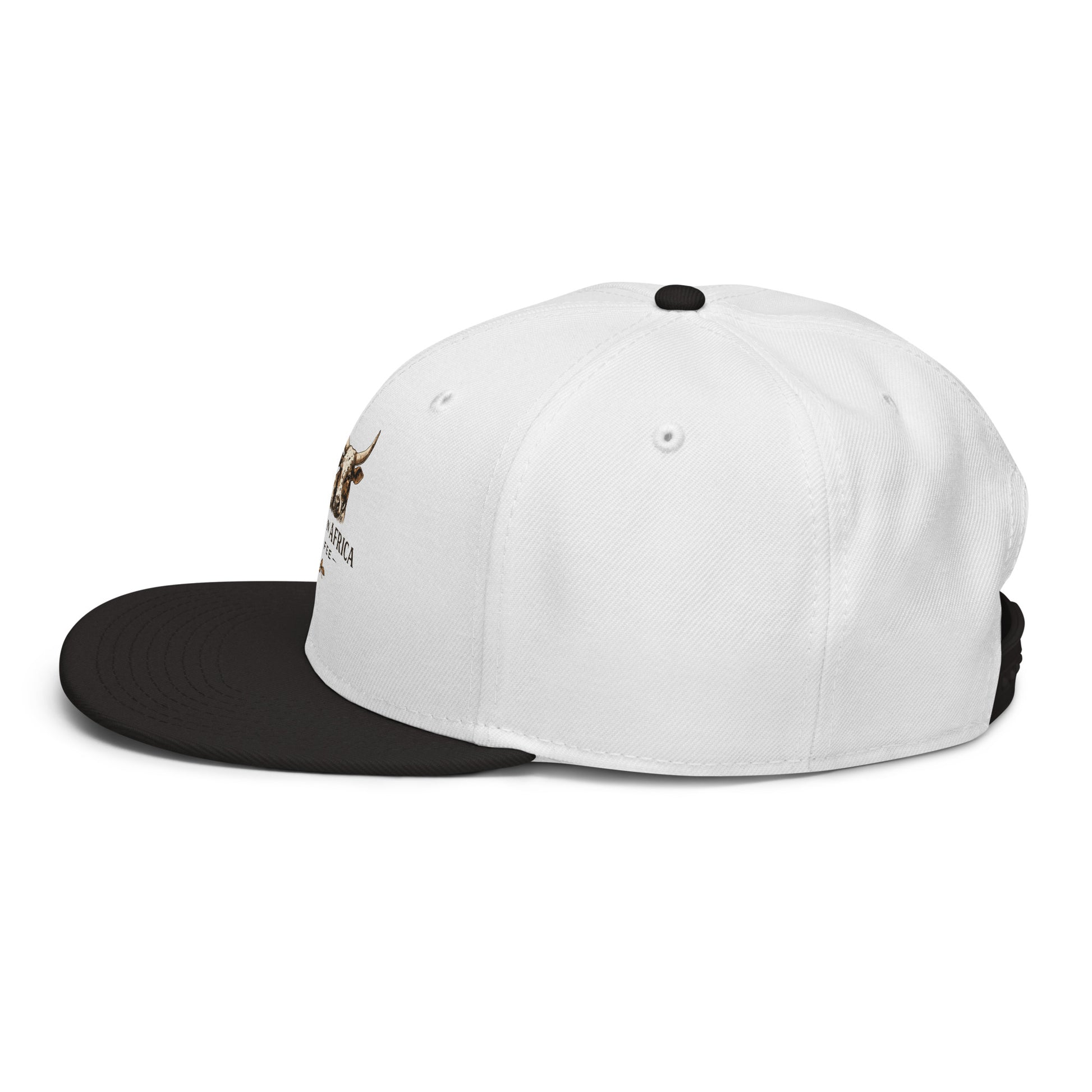 Black and white Boston in Africa Coffee snapback hat with embroidered logo, shown from the left side.
