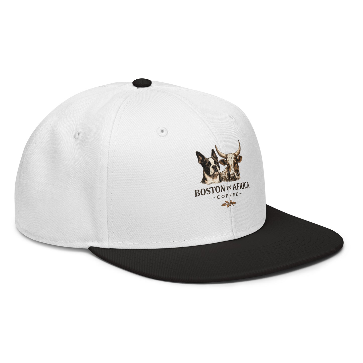 Black and white Boston in Africa Coffee embroidered snapback hat, showing front and side view with detailed embroidery.