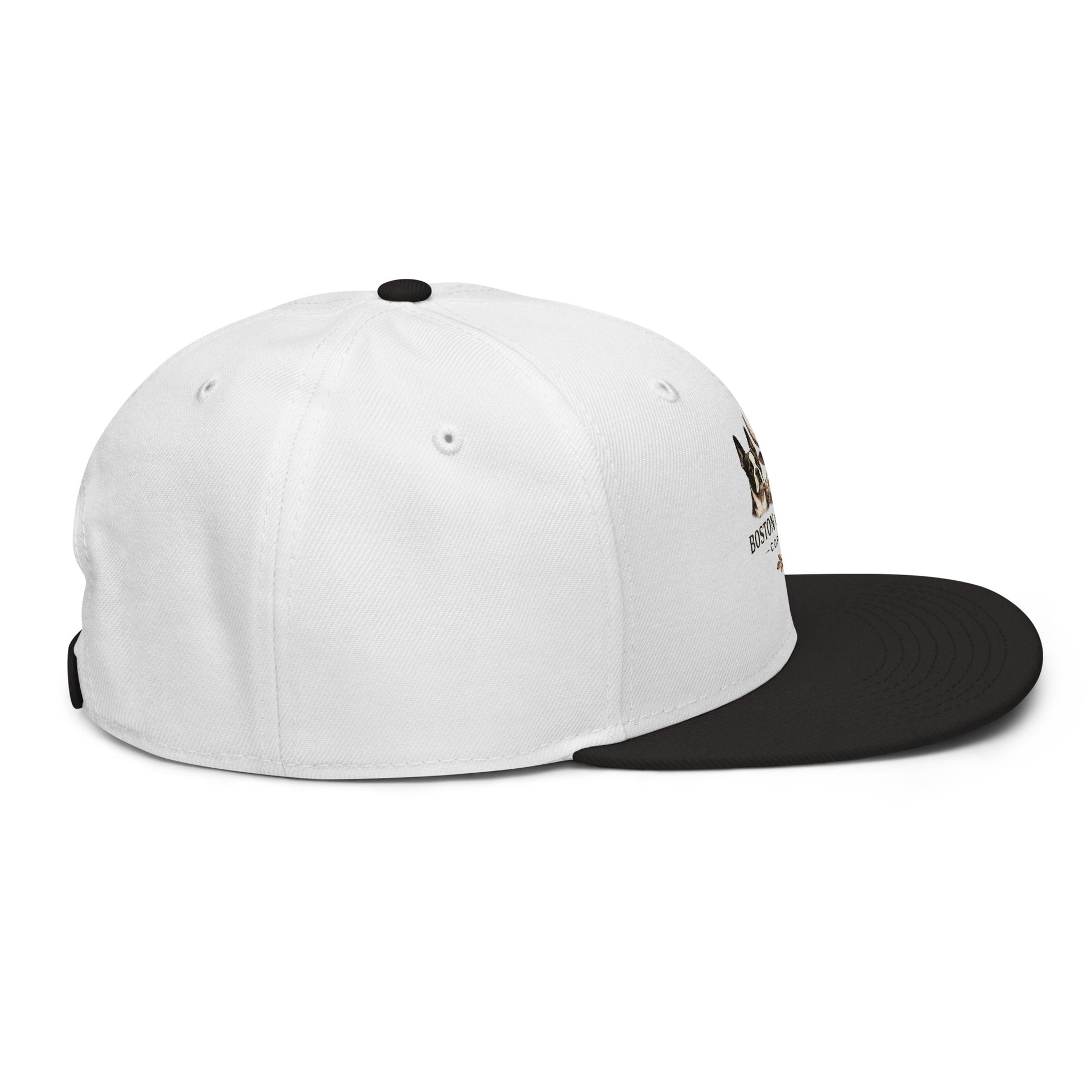 Black and white Boston in Africa Coffee embroidery snapback hat shown from the right side.