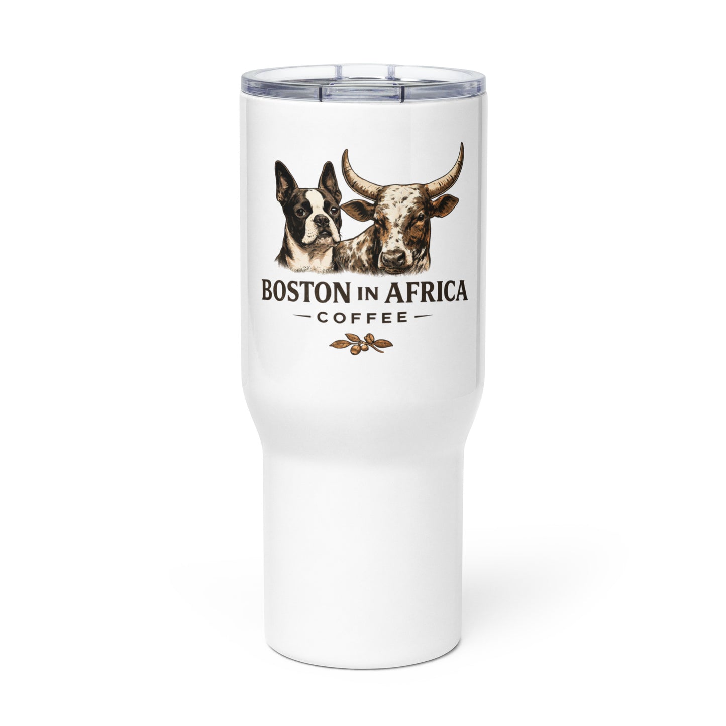 White Boston in Africa Coffee 25 oz travel mug with a handle, showing the front view and durable design for hot beverages.