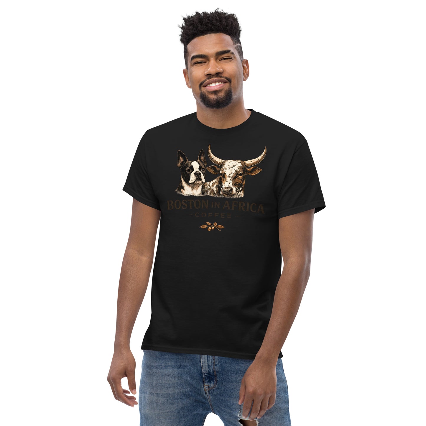 Black unisex classic T-shirt by Boston in Africa Coffee, front view showing simple crew neck and clean design.