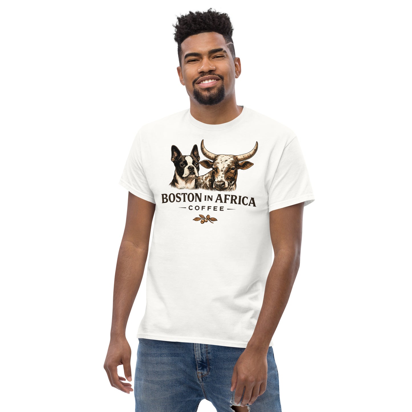 White unisex classic T-shirt by Boston in Africa Coffee, front view showing simple crew neck and clean design.