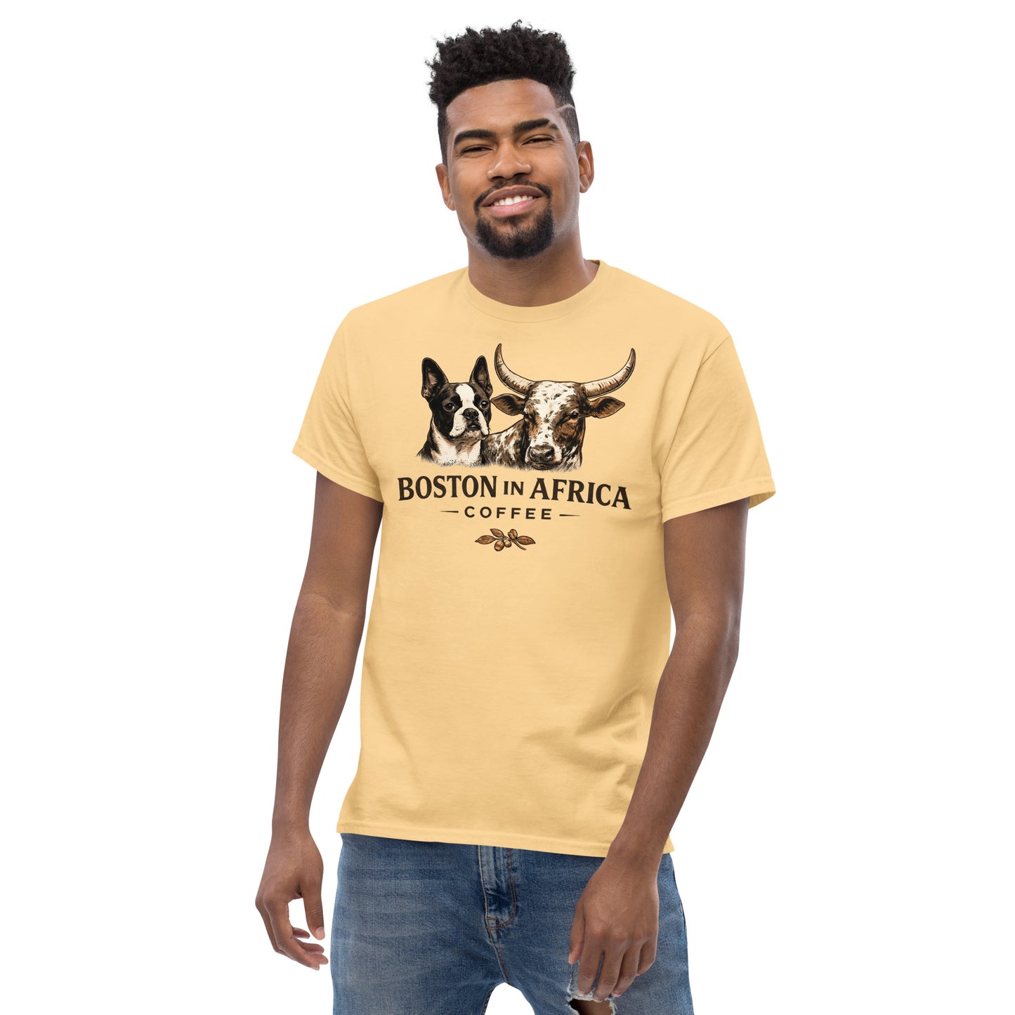Unisex classic yellow haze T-shirt by Boston in Africa Coffee, front view showing simple crew neck and relaxed fit.