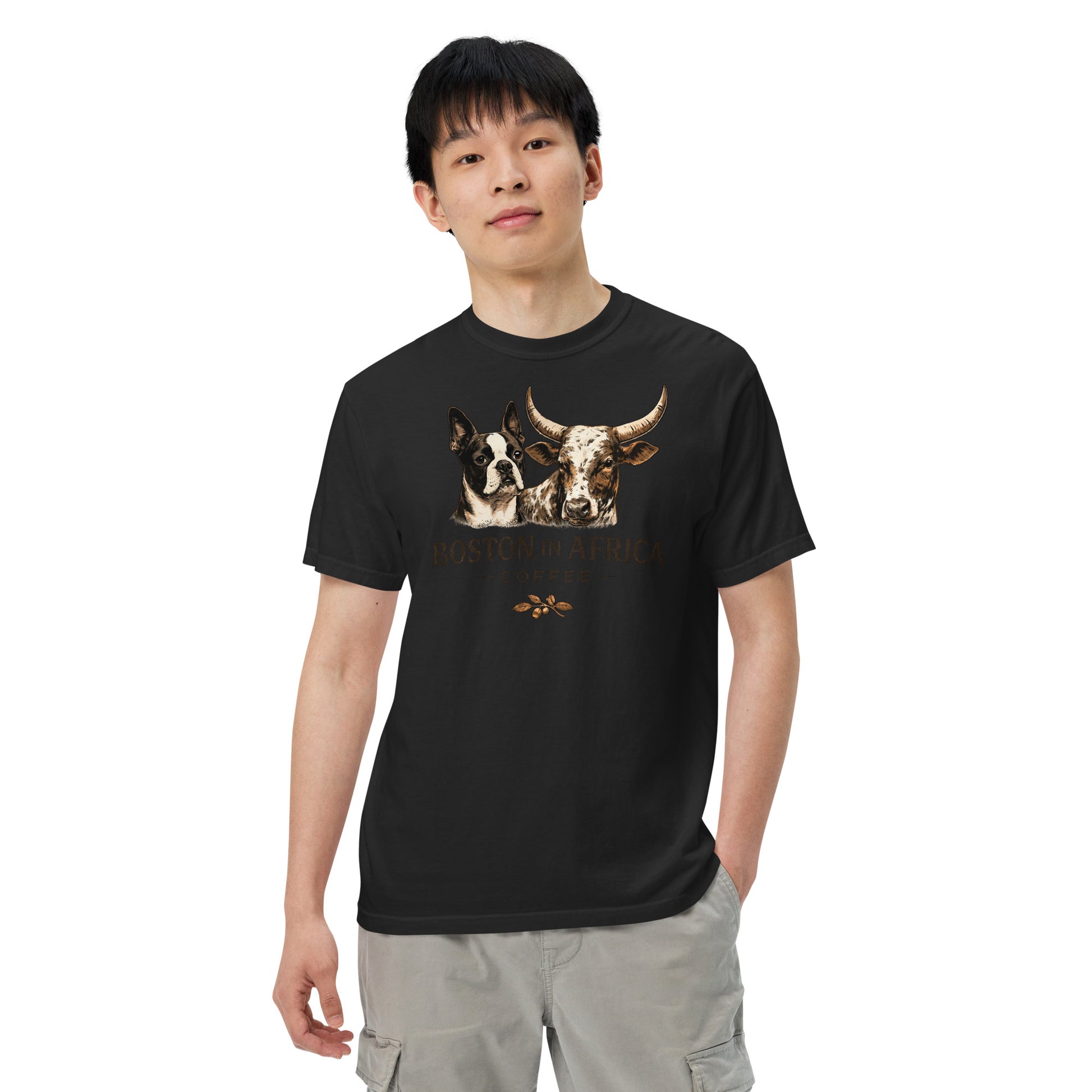 Unisex black garment-dyed heavyweight T-shirt by Boston in Africa Coffee, front view showing soft fabric and classic fit.