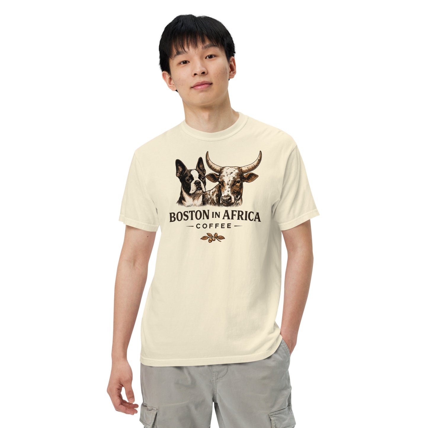 Unisex ivory garment-dyed heavyweight T-shirt by Boston in Africa Coffee, featuring a classic crew neck and relaxed fit.