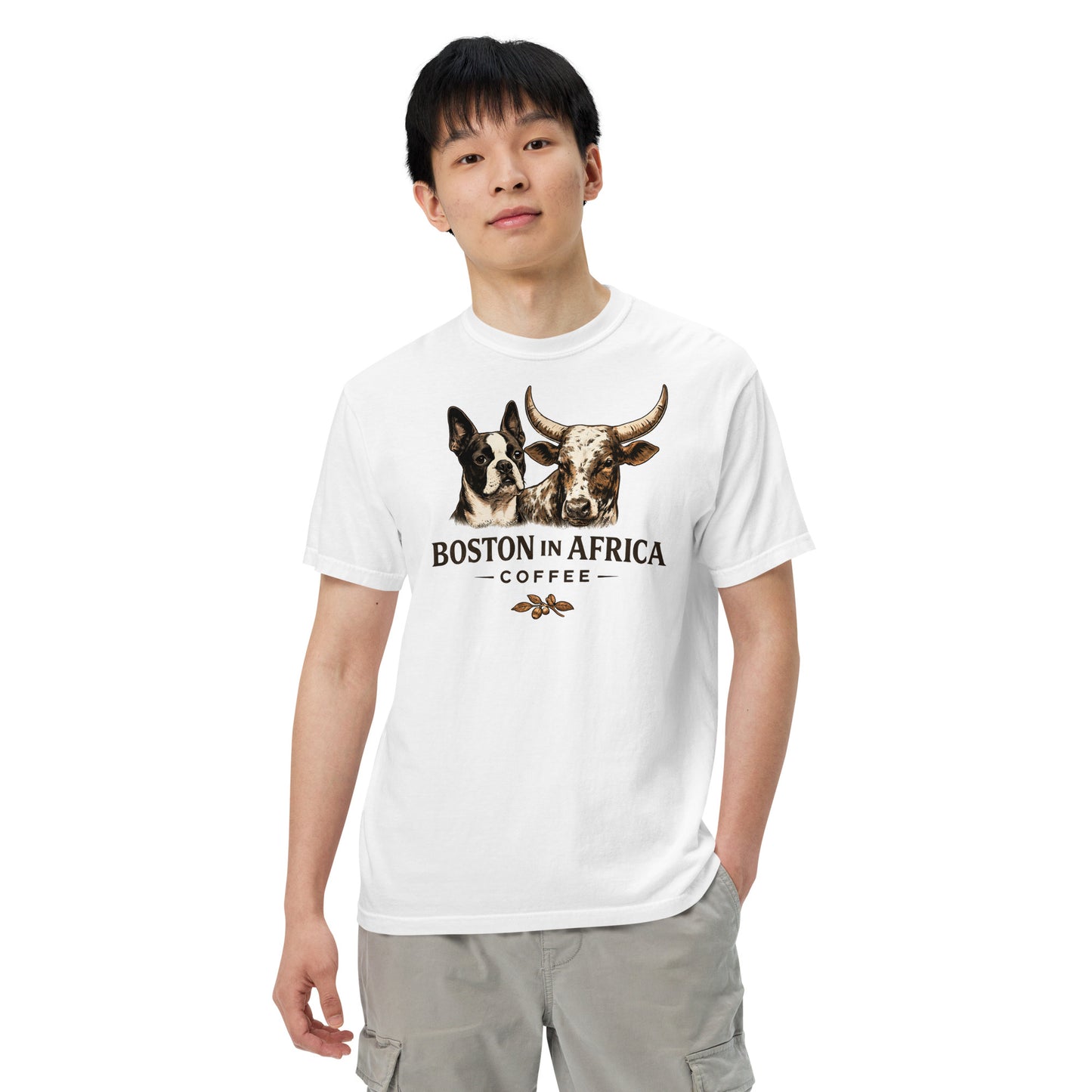 Unisex white garment-dyed heavyweight T-shirt by Boston in Africa Coffee, front view showing soft fabric and classic fit.