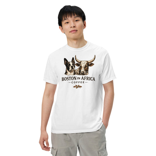 Unisex white garment-dyed heavyweight T-shirt by Boston in Africa Coffee, front view showing soft fabric and classic fit.