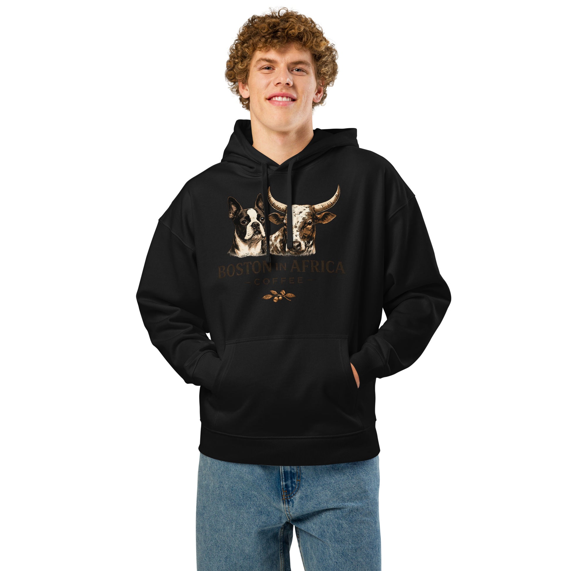 Black unisex organic relaxed hoodie by Boston in Africa Coffee, shown from the front with a casual fit.