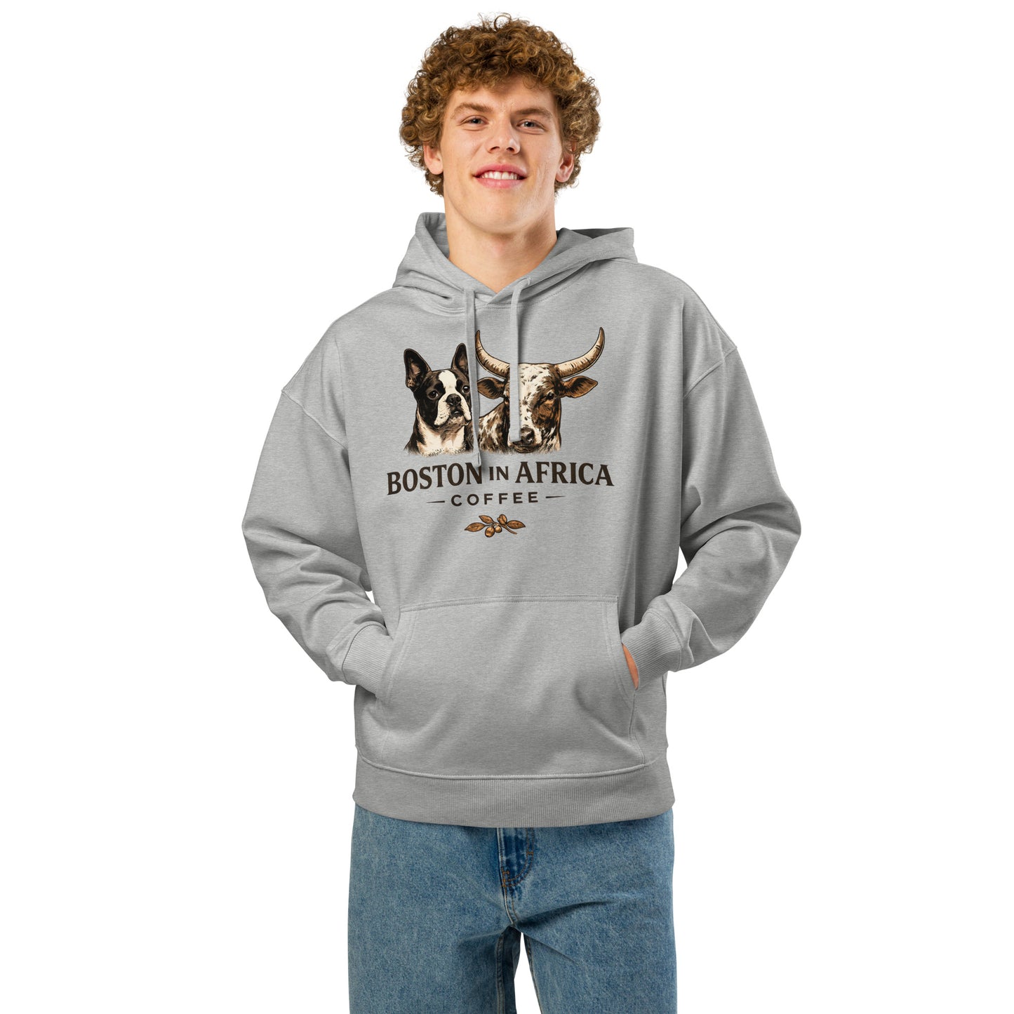 Unisex organic relaxed hoodie in heather grey from Boston in Africa Coffee, casual front view showing soft fabric and relaxed fit.