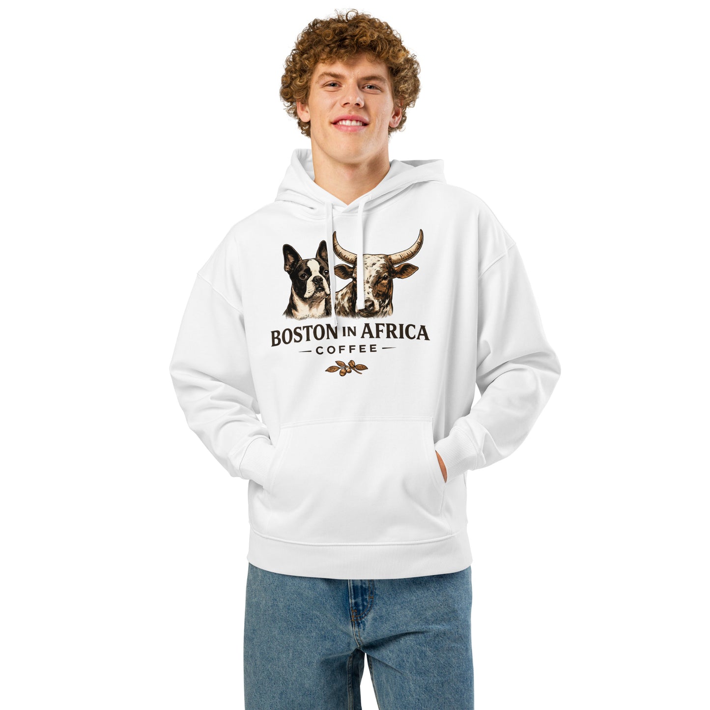 White unisex organic relaxed hoodie by Boston in Africa Coffee, featuring a comfortable fit and casual design.