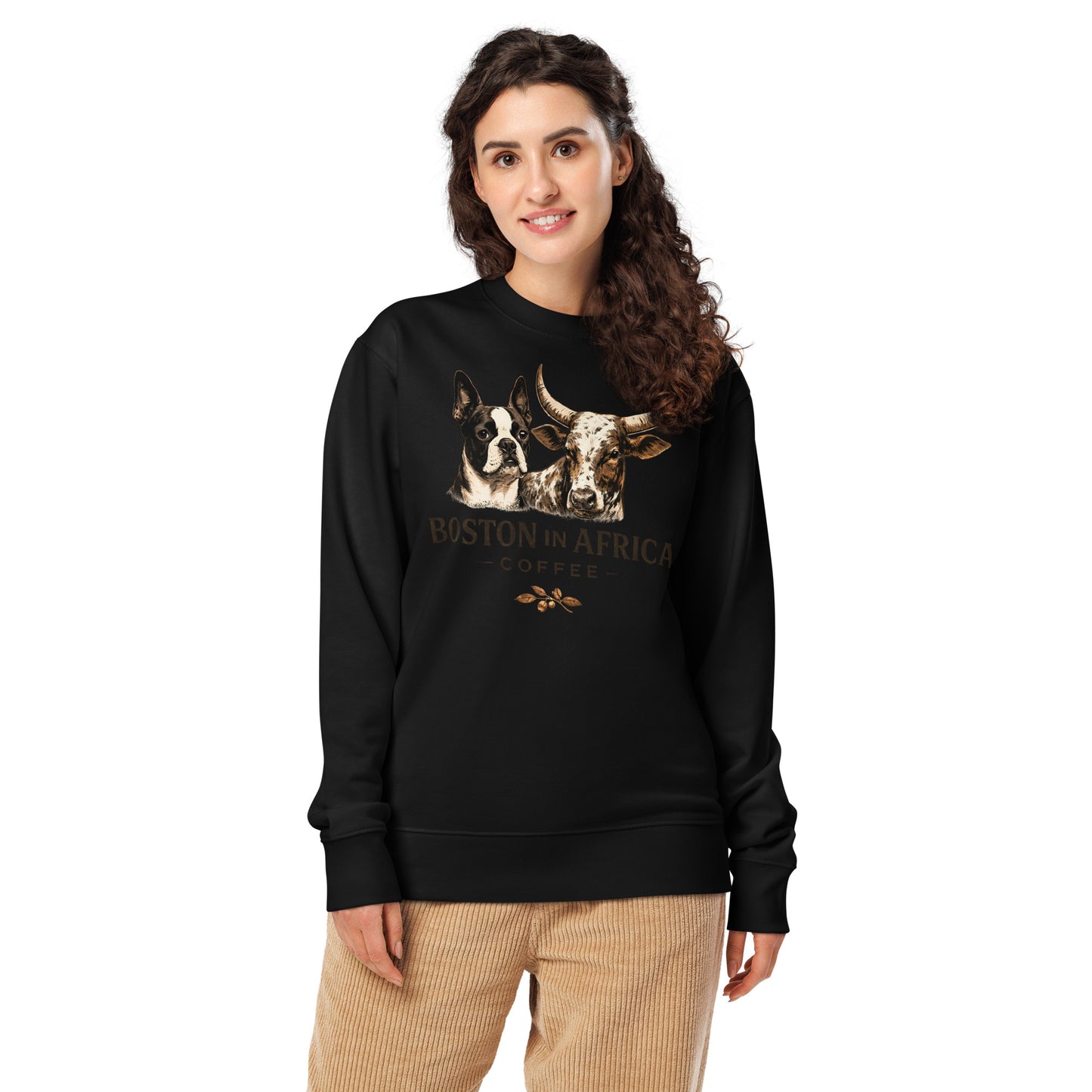 Black unisex organic sweatshirt from Boston in Africa Coffee, featuring a comfortable fit and soft fabric front view.