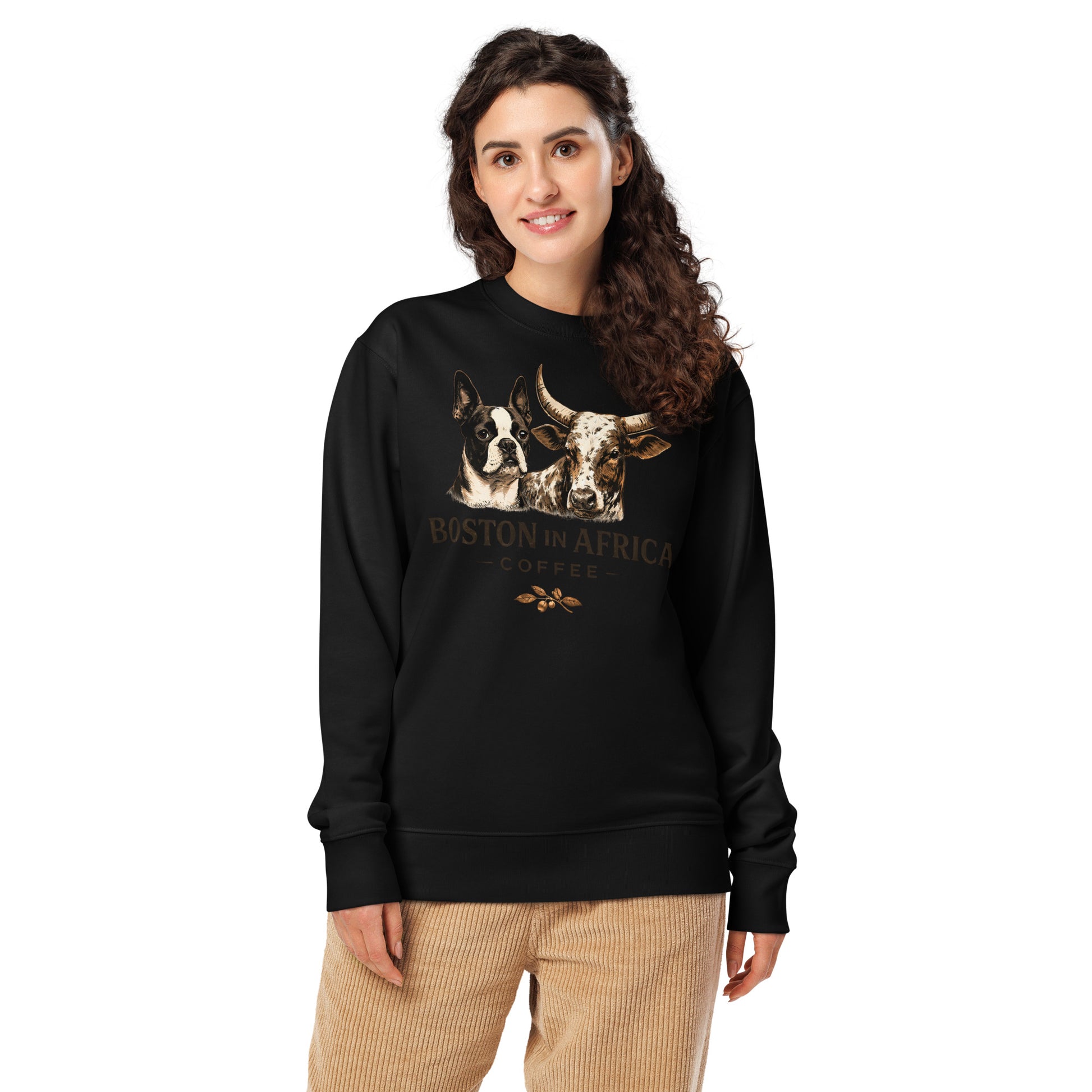 Black unisex organic sweatshirt from Boston in Africa Coffee, featuring a comfortable fit and soft fabric front view.