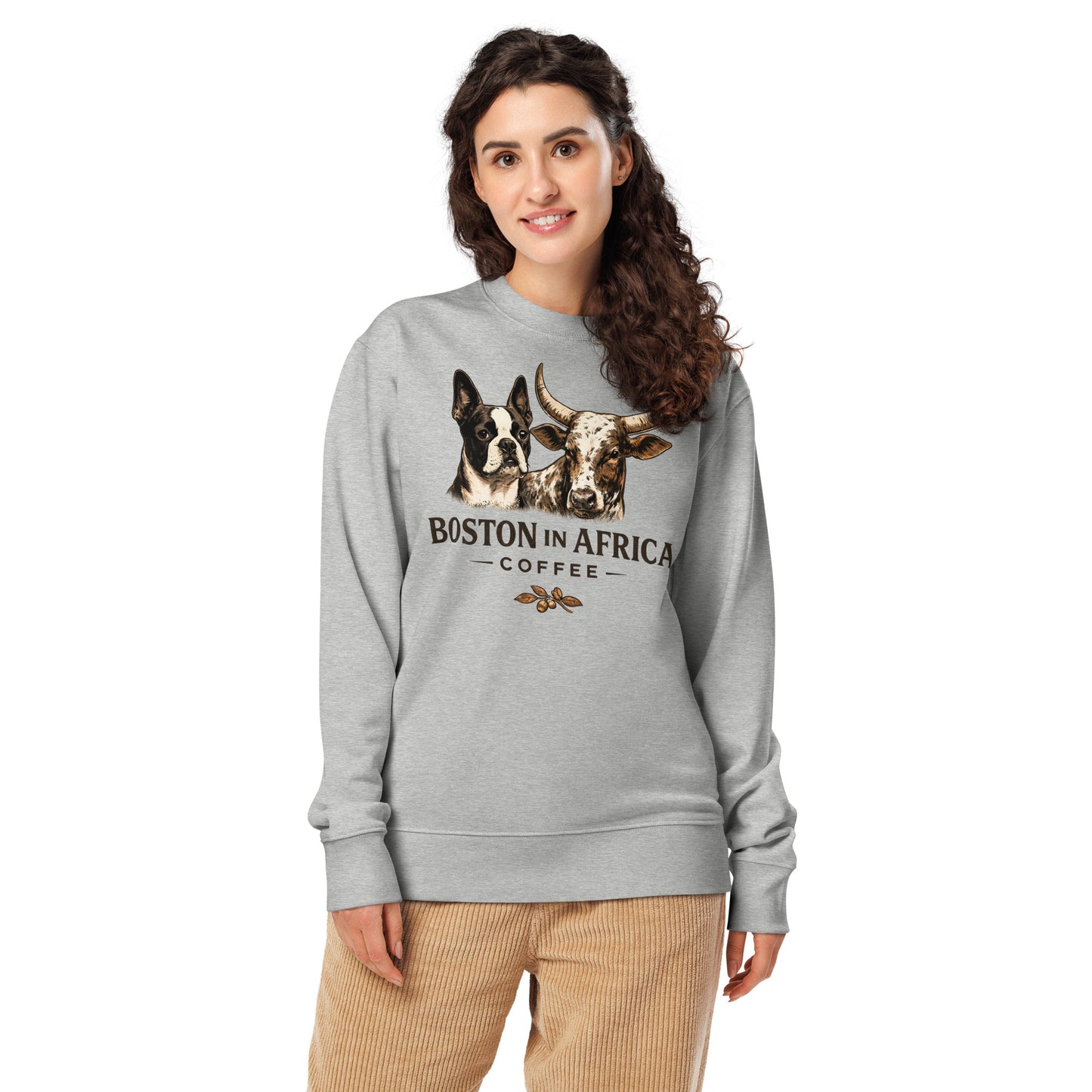 Unisex organic heather grey sweatshirt from Boston in Africa Coffee, featuring a comfortable fit and casual style.