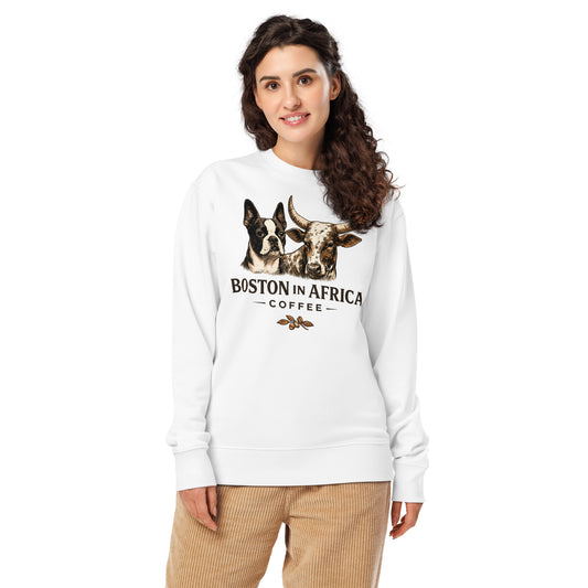 White unisex organic sweatshirt by Boston in Africa Coffee, showcasing a comfortable, casual fit with a simple design.