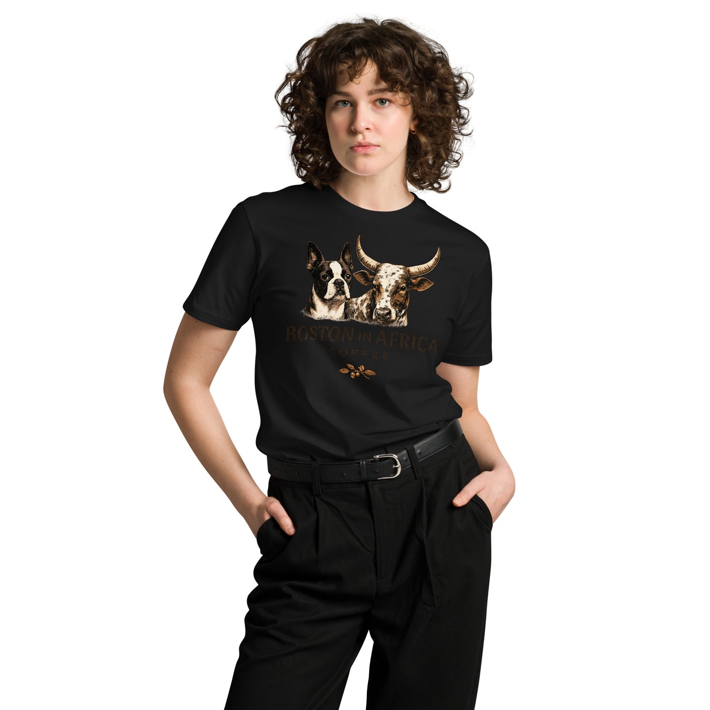 Black unisex premium T-shirt from Boston in Africa Coffee, front view showing the sleek, comfortable design.