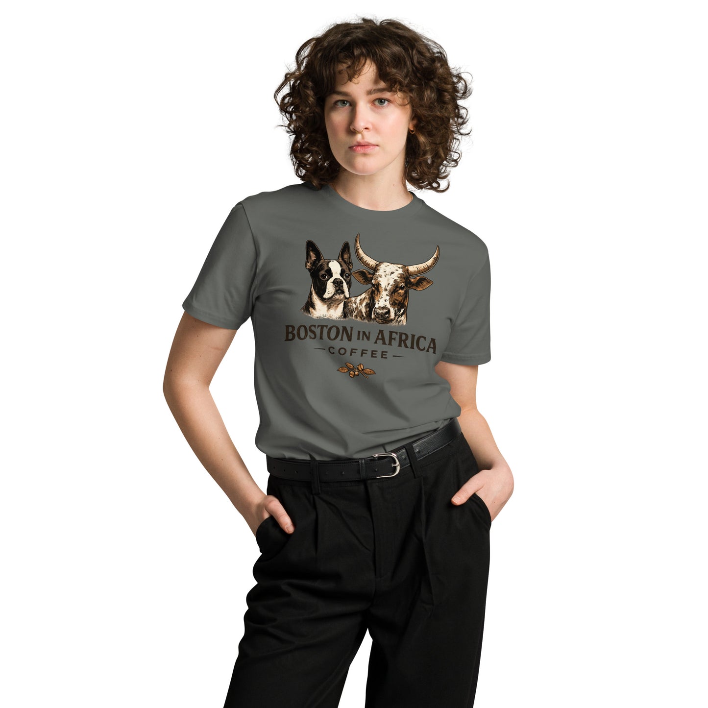 Unisex charcoal premium T-shirt by Boston in Africa Coffee, front view showing simple, stylish design and comfortable fit.