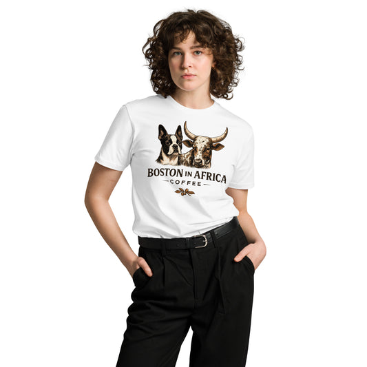 White unisex premium T-shirt by Boston in Africa Coffee, front view showing soft fabric and classic fit.
