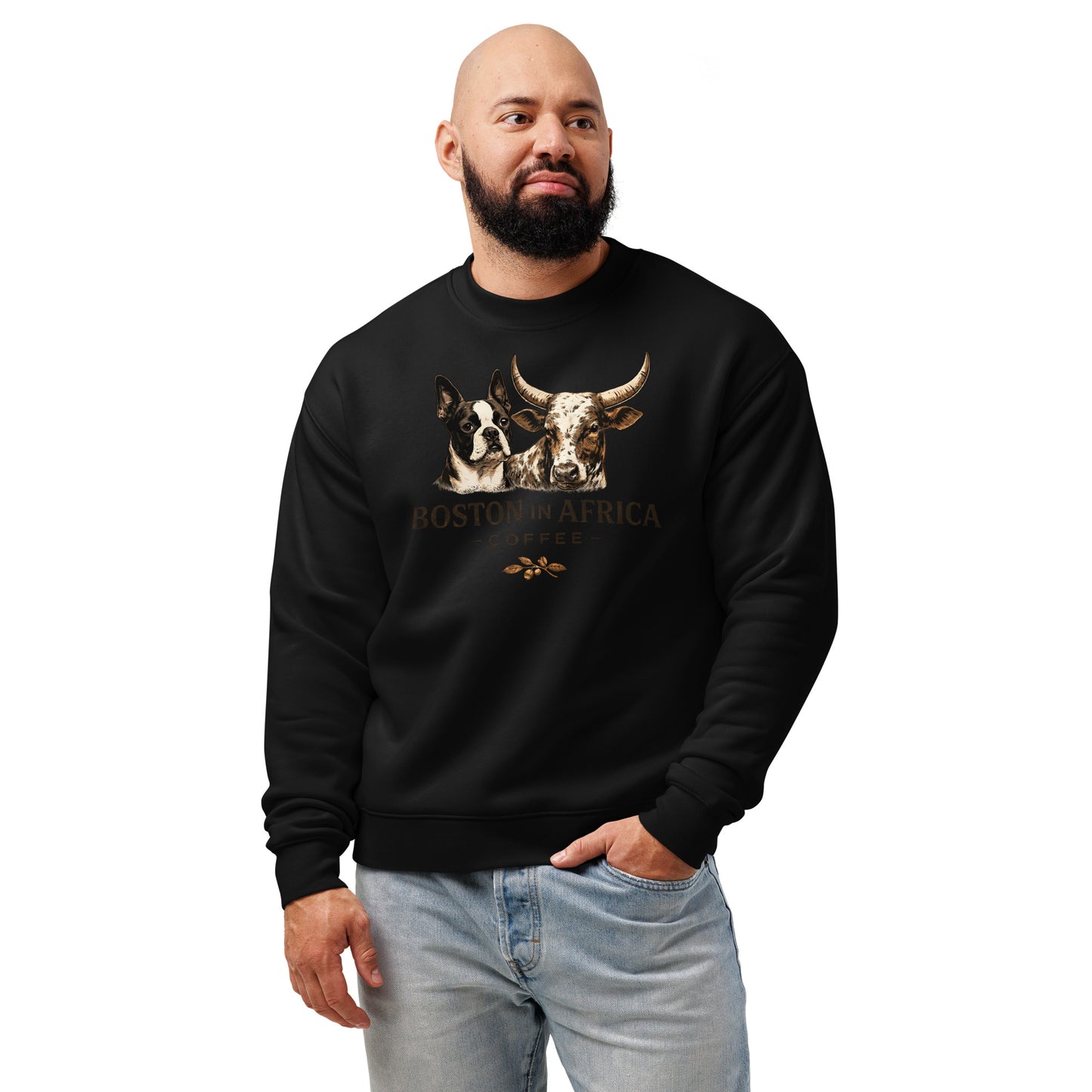 Black unisex Relax Crew Neck Sweatshirt by Boston in Africa Coffee, front view showing soft fabric and classic fit.