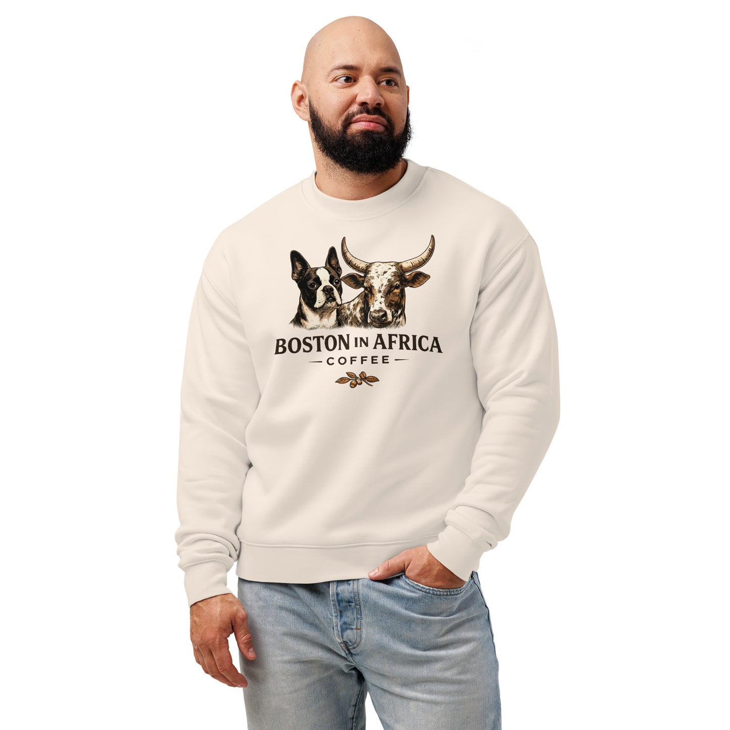 Unisex Relax Crew Neck Sweatshirt by Boston in Africa Coffee, bone color, front view, casual and comfortable fit.