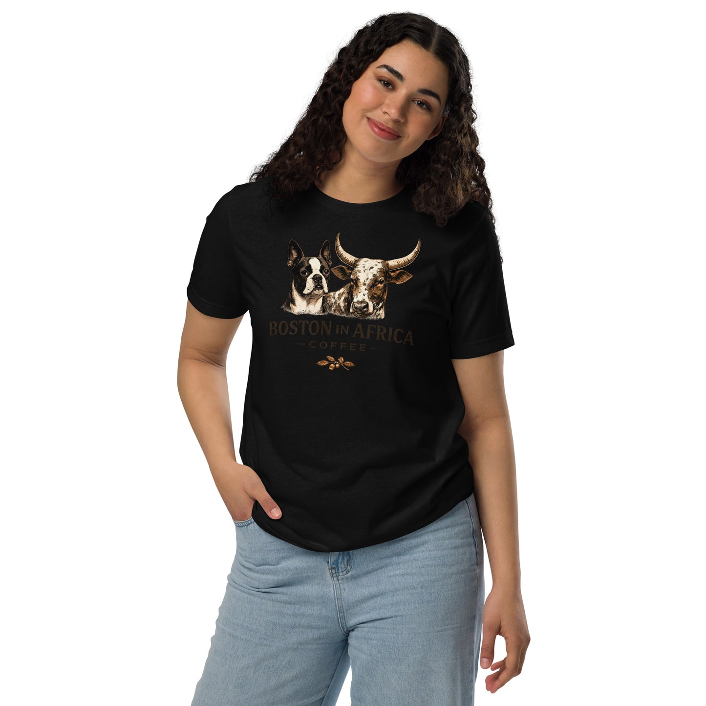 Black unisex Staple Eco T-shirt by Boston in Africa Coffee, front view showcasing its simple, eco-friendly design.