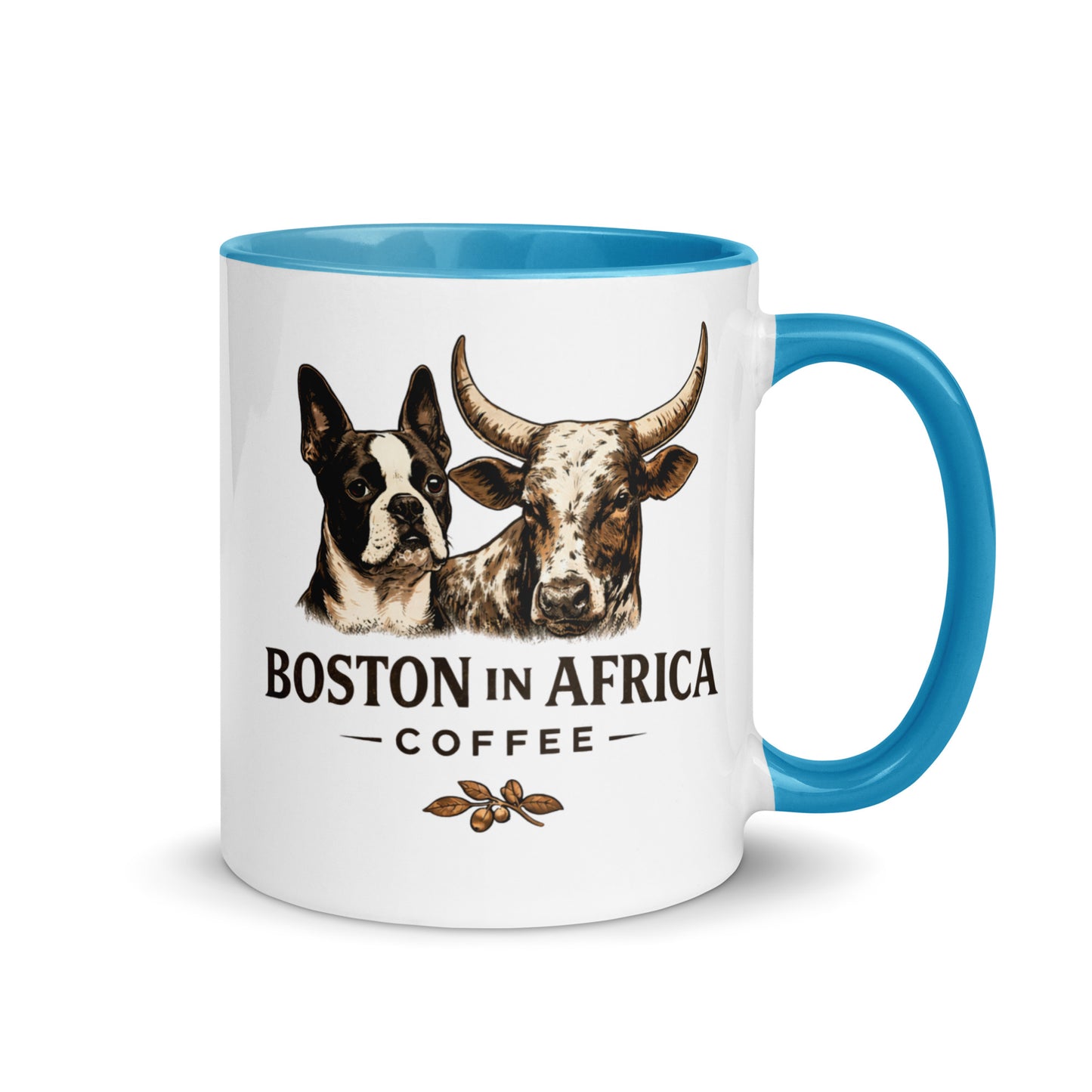 White ceramic mug with a blue interior, 11 oz, from Boston in Africa Coffee, featuring a sleek and modern design.