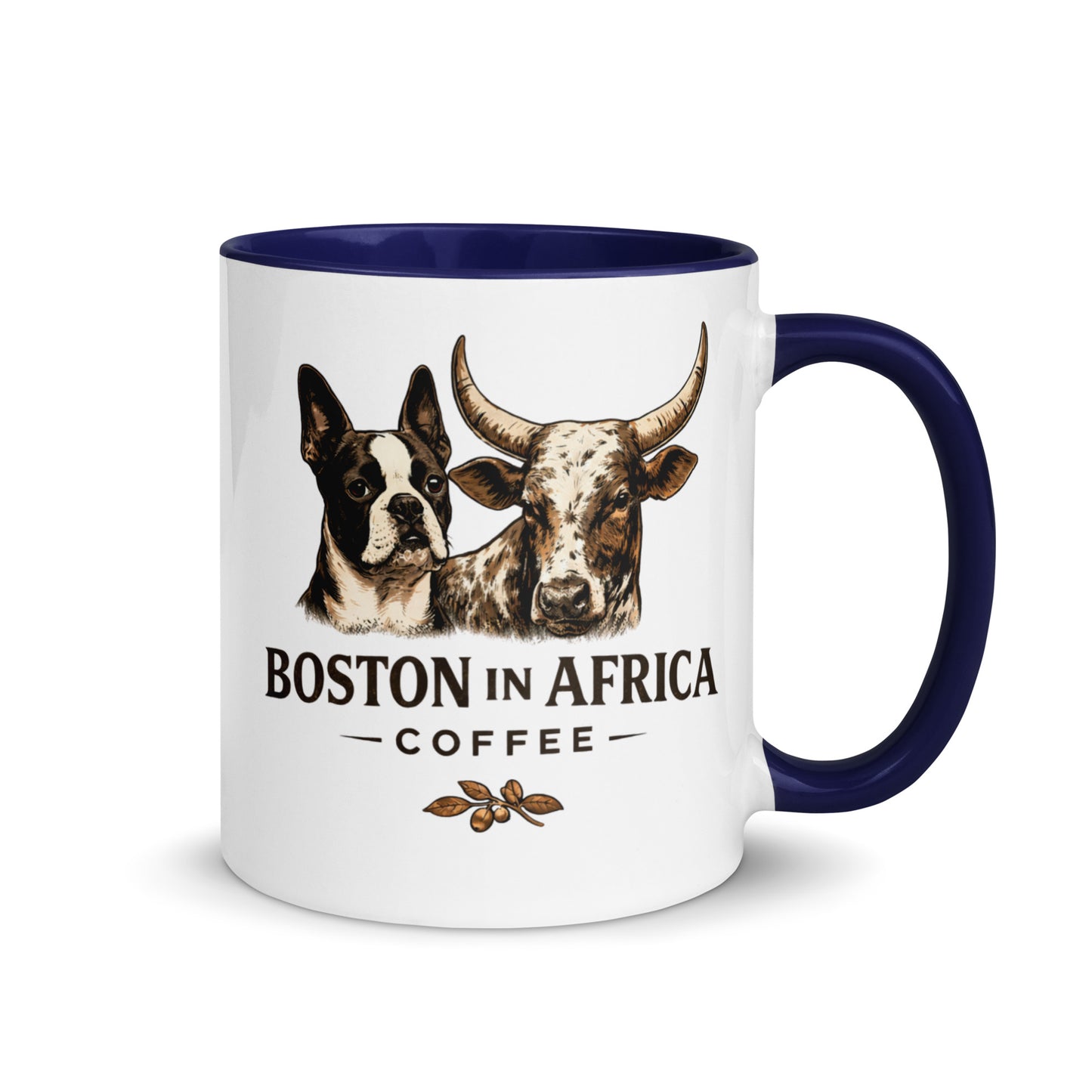 White ceramic mug with dark blue interior, 11 oz, from Boston in Africa Coffee, showing the mug with the colorful inside.