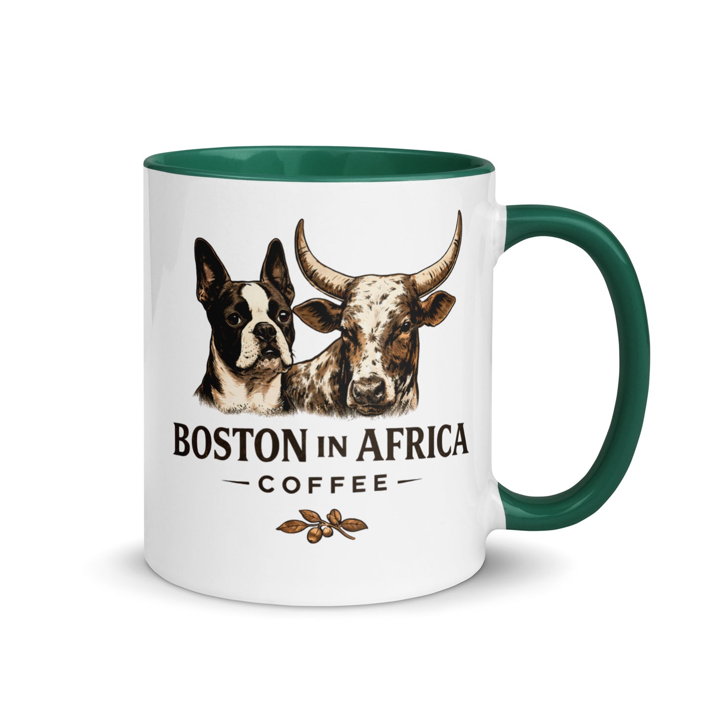 White ceramic mug with dark green interior, 11 oz, from Boston in Africa Coffee, shown from the right side.