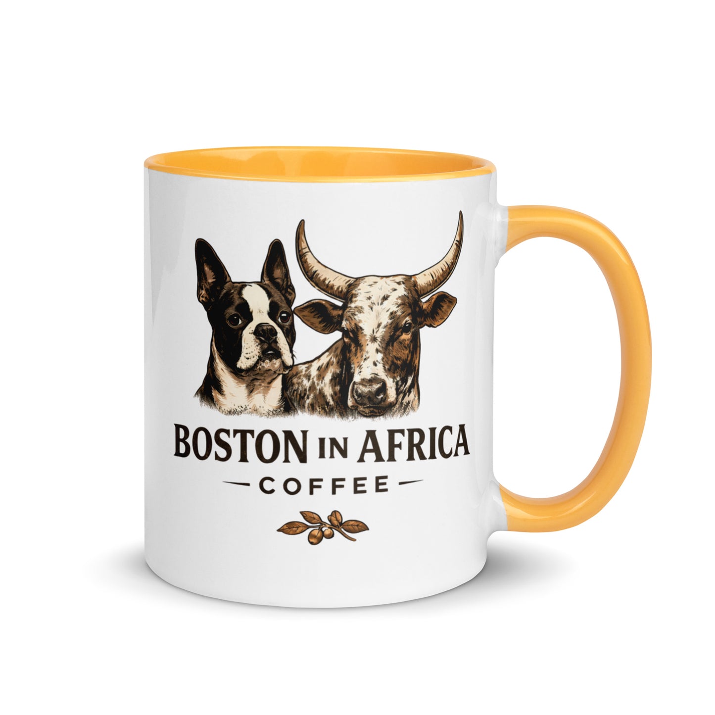 White ceramic mug with a golden-yellow color inside, 11 oz, from Boston in Africa Coffee.