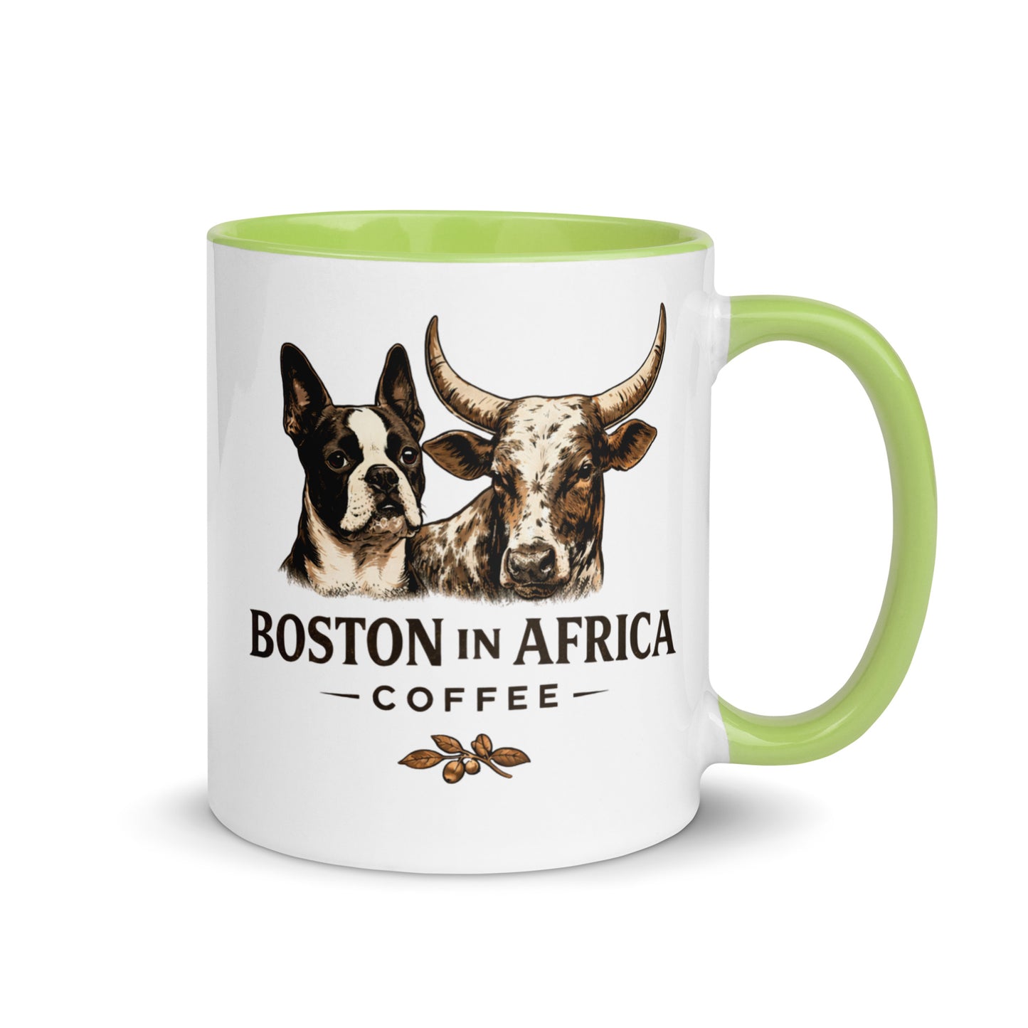 White ceramic Boston in Africa Coffee mug with a vibrant green interior, 11 oz, featuring a sleek design and comfortable handle.