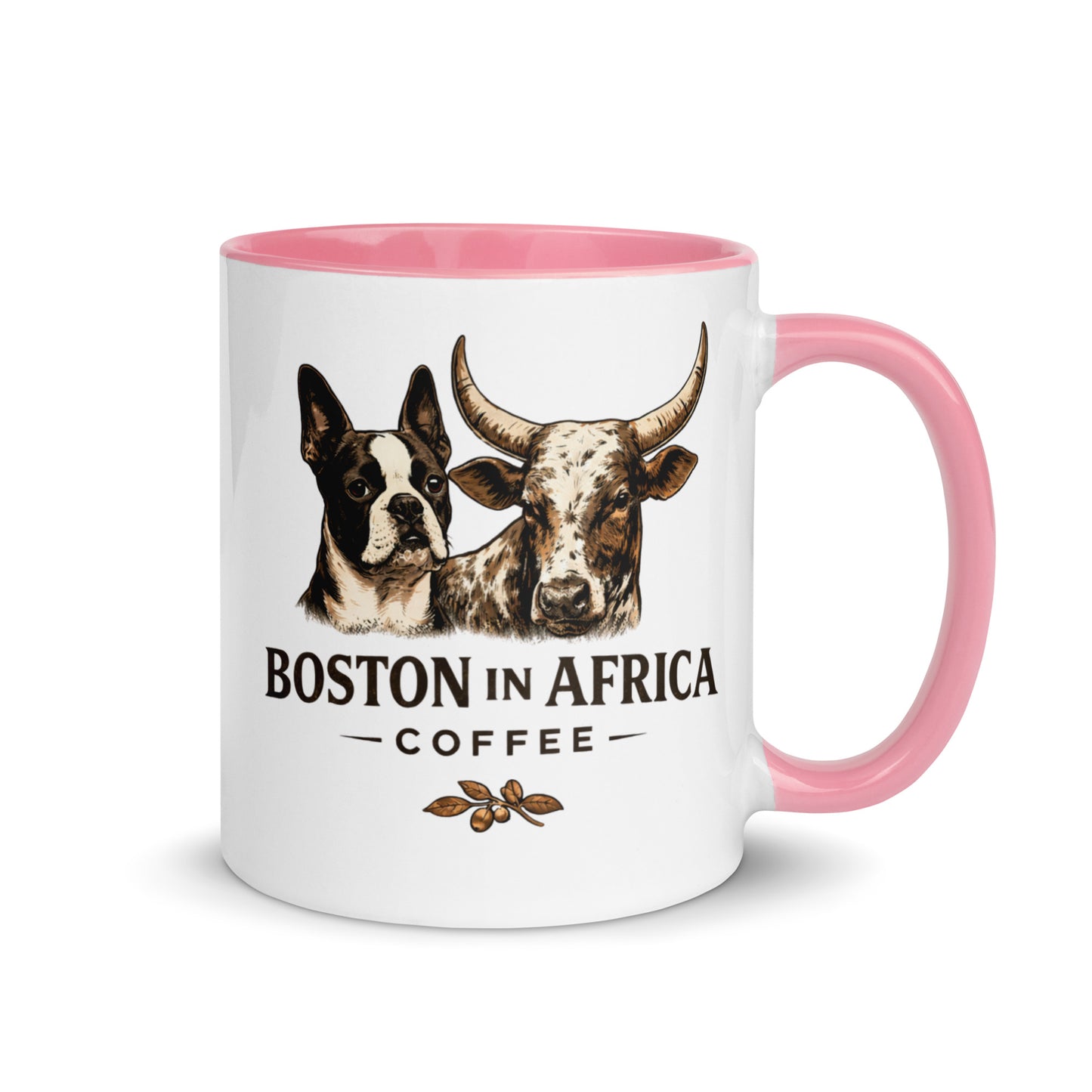 White ceramic mug with pink interior, 11 oz, from Boston in Africa Coffee, shown from the right side.