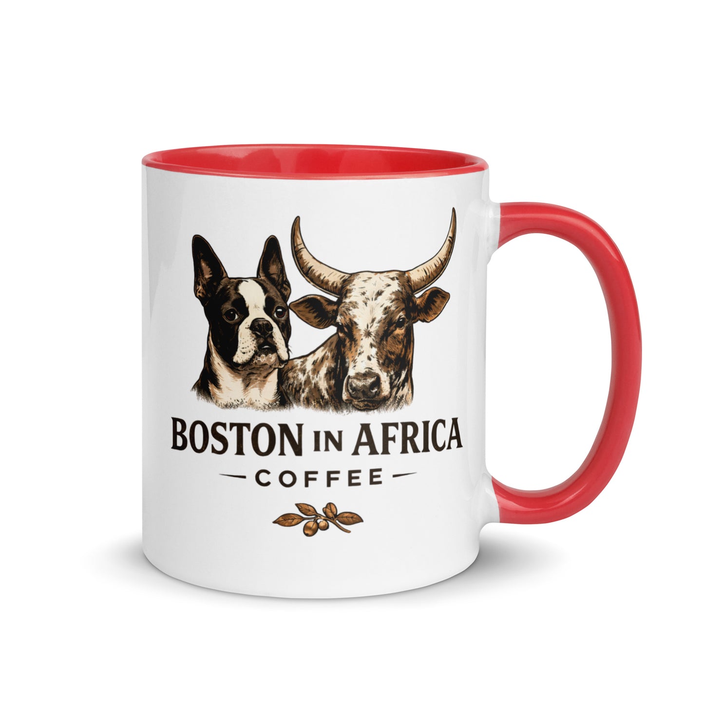 White ceramic mug with a vibrant red interior, 11 oz size, from Boston in Africa Coffee.