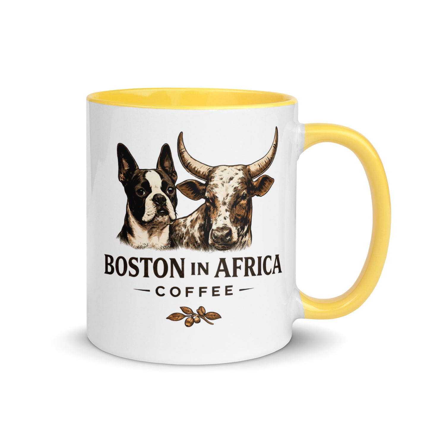 White ceramic mug with yellow interior, 11 oz, from Boston in Africa Coffee, shown with a view of the right side.