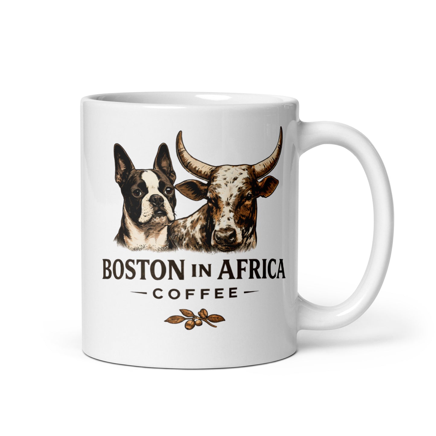 White glossy coffee mug with handle on the right, 11 oz capacity, from Boston in Africa Coffee.