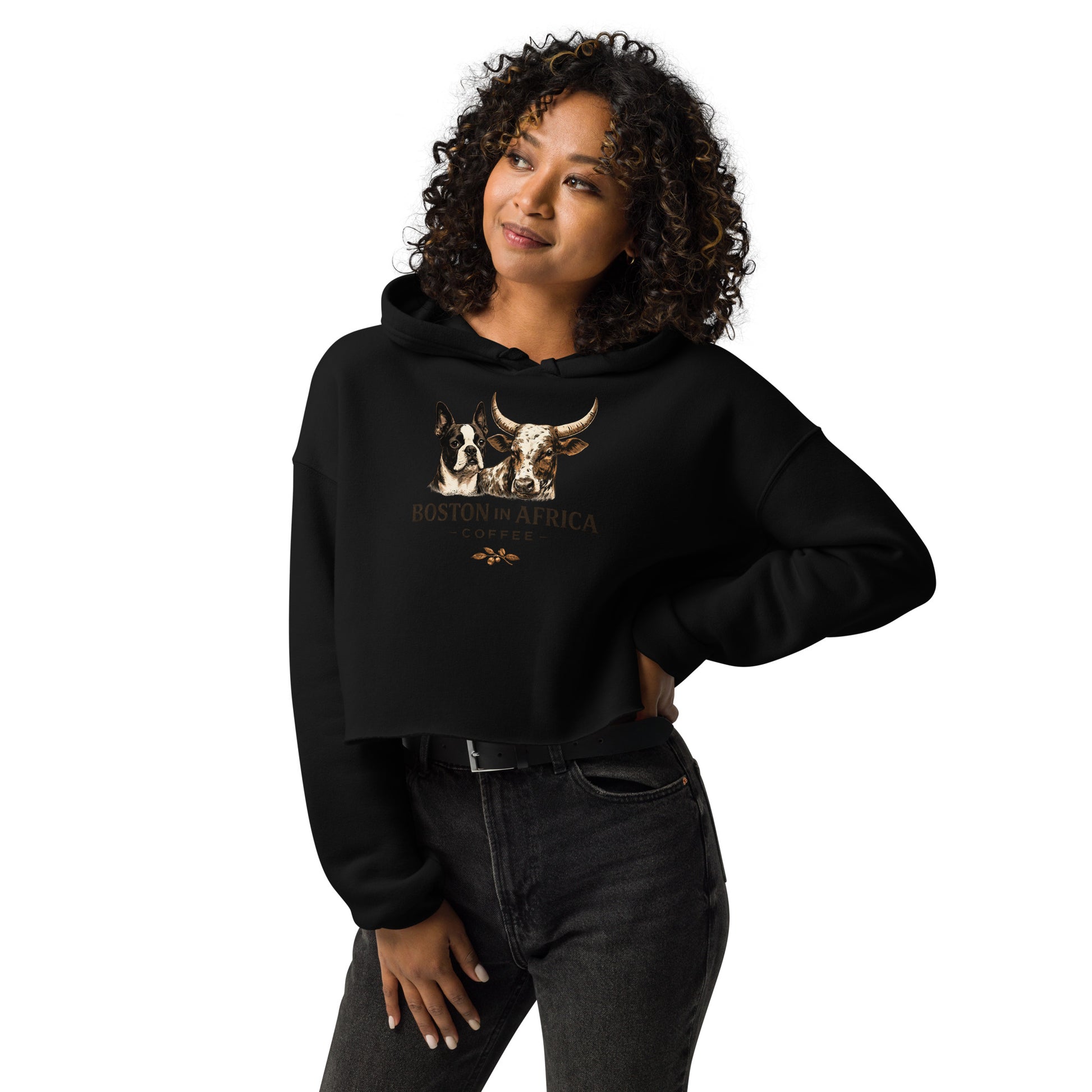 Black women's cropped hoodie T-shirt by Boston in Africa Coffee featuring a front view and casual style.