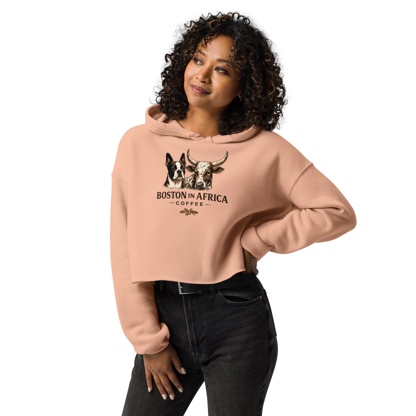 Women's peach cropped hoodie from Boston in Africa Coffee, featuring a stylish front design and comfortable fit.